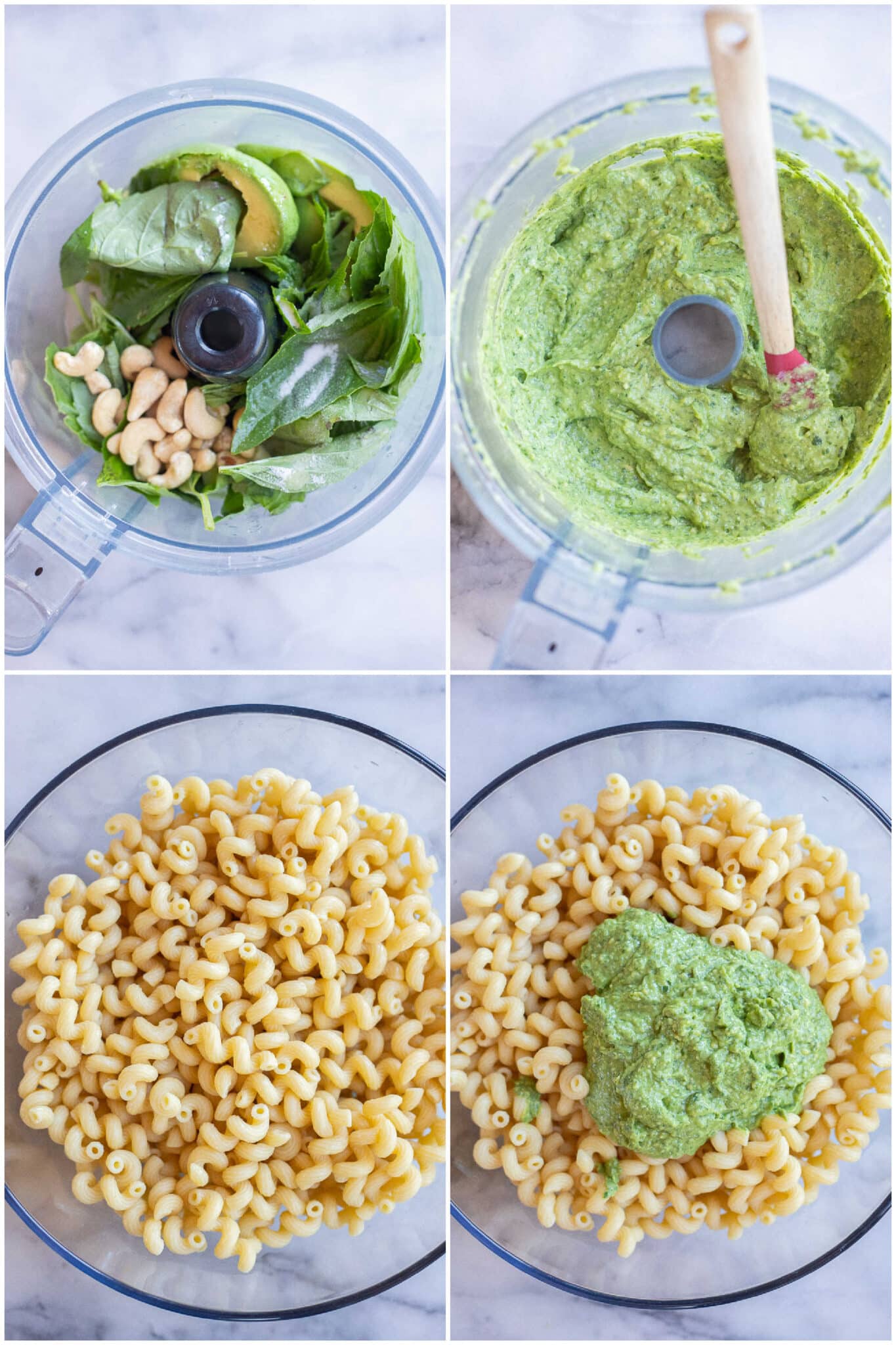 showing how to make avocado in a food processor and then adding it to cooked pasta