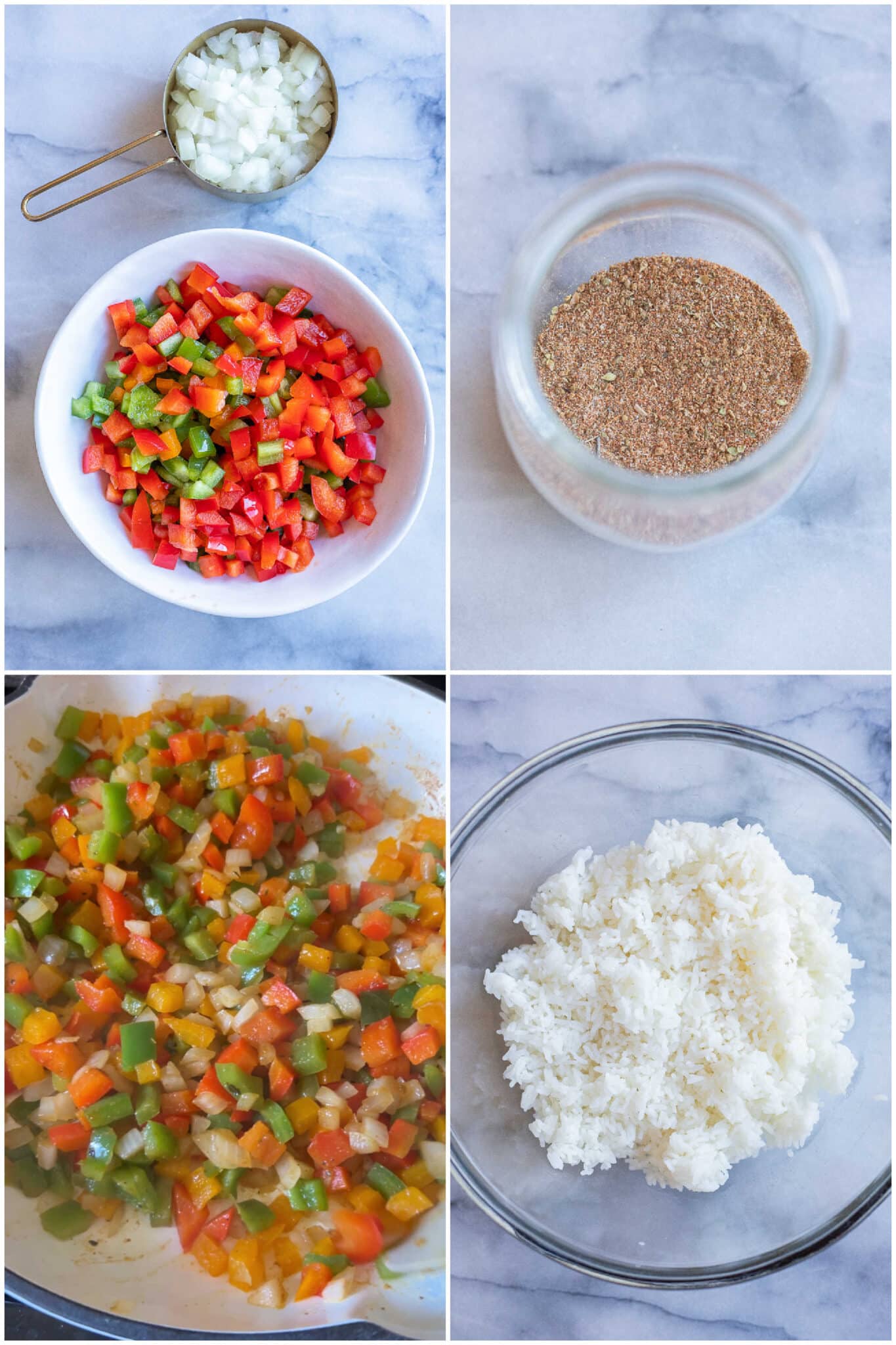 showing how to make the fajita seasoning, cooked onions and peppers and rice