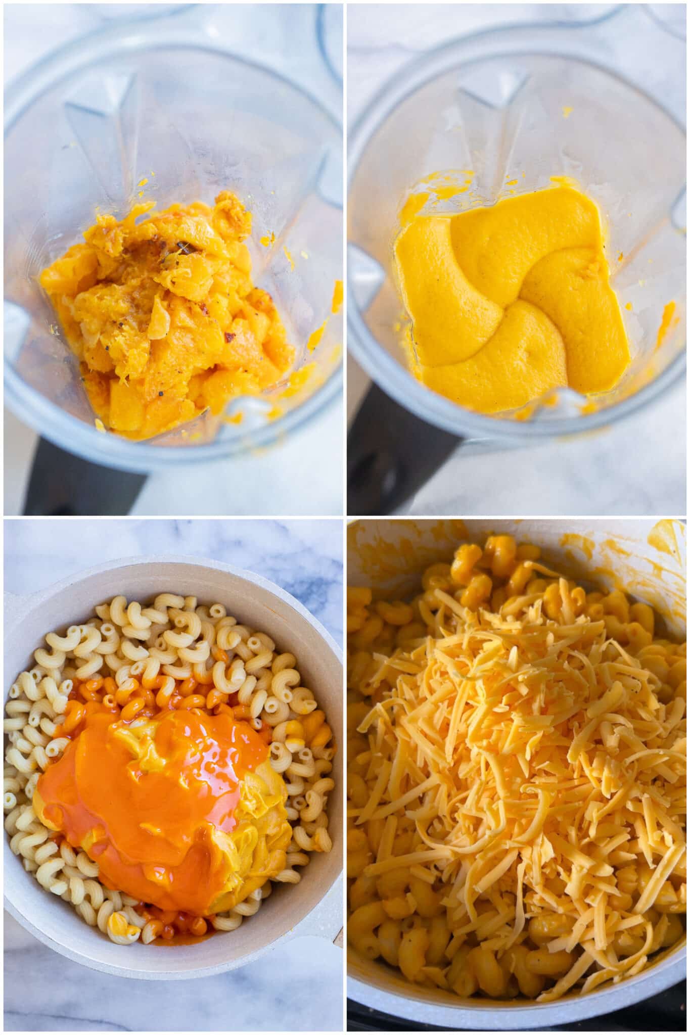 showing how to make the sauce out of roasted butternut squash, buffalo sauce and cheddar cheese