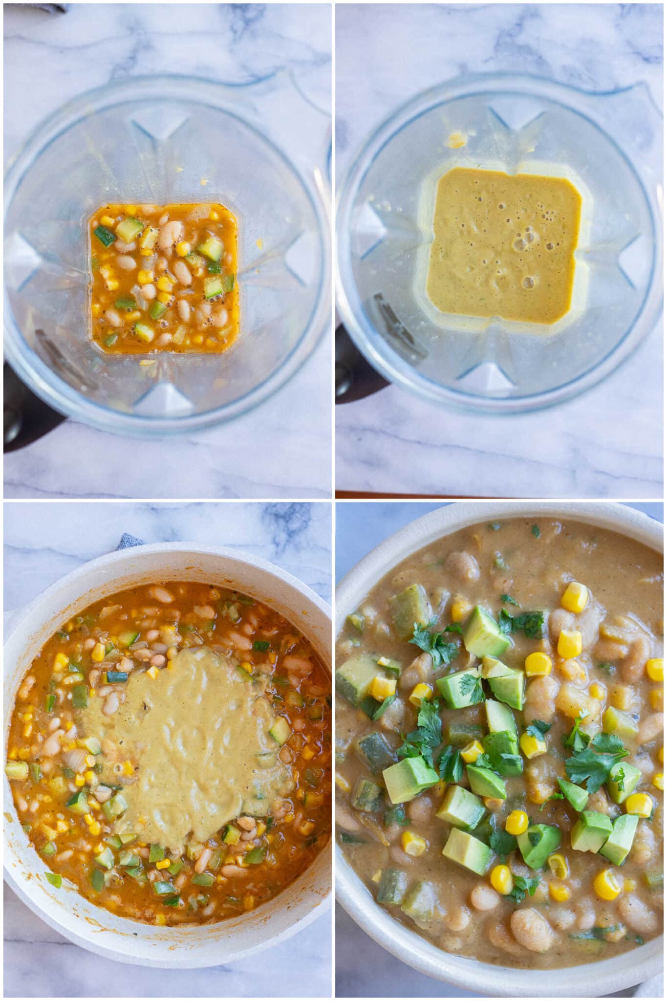 showing how to blend part of the chili and then add it back into the pot to make a creamy vegan chili recipe
