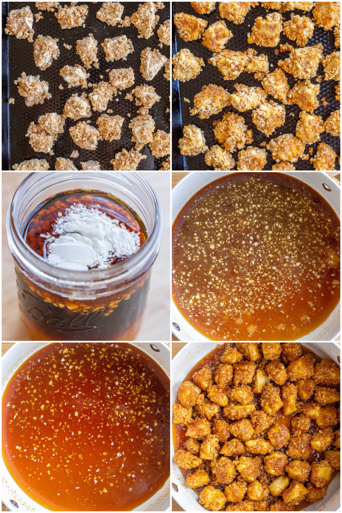 showing how to make the homemade honey garlic sauce for this crispy baked tofu
