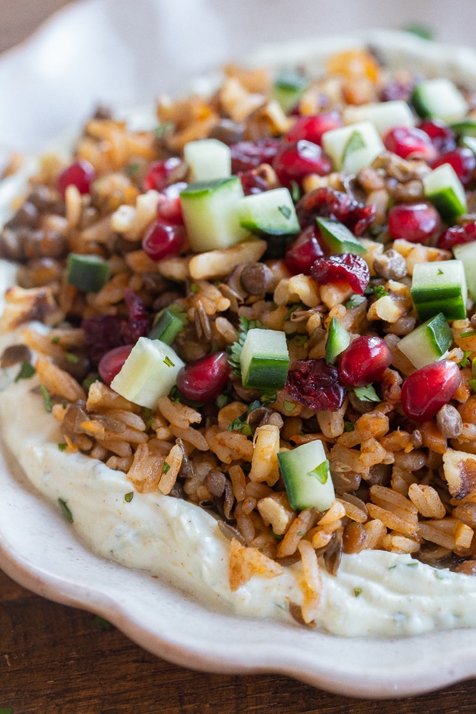 close up of a plate of seasoned lentils and rice with yogurt sauce on the bottom