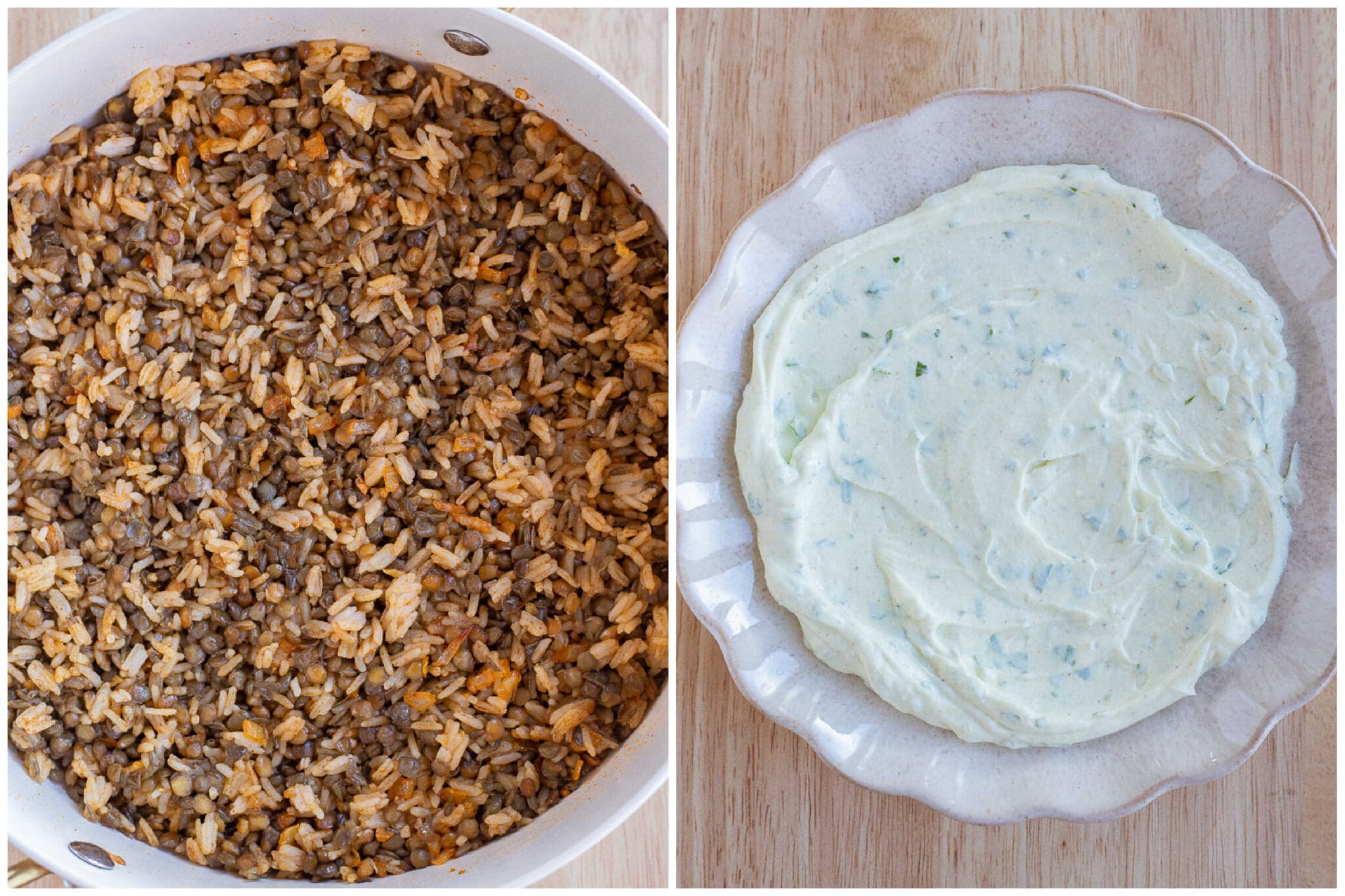 rice and lentils in a stir fry pan and curry yogurt sauce mixed in a bowl