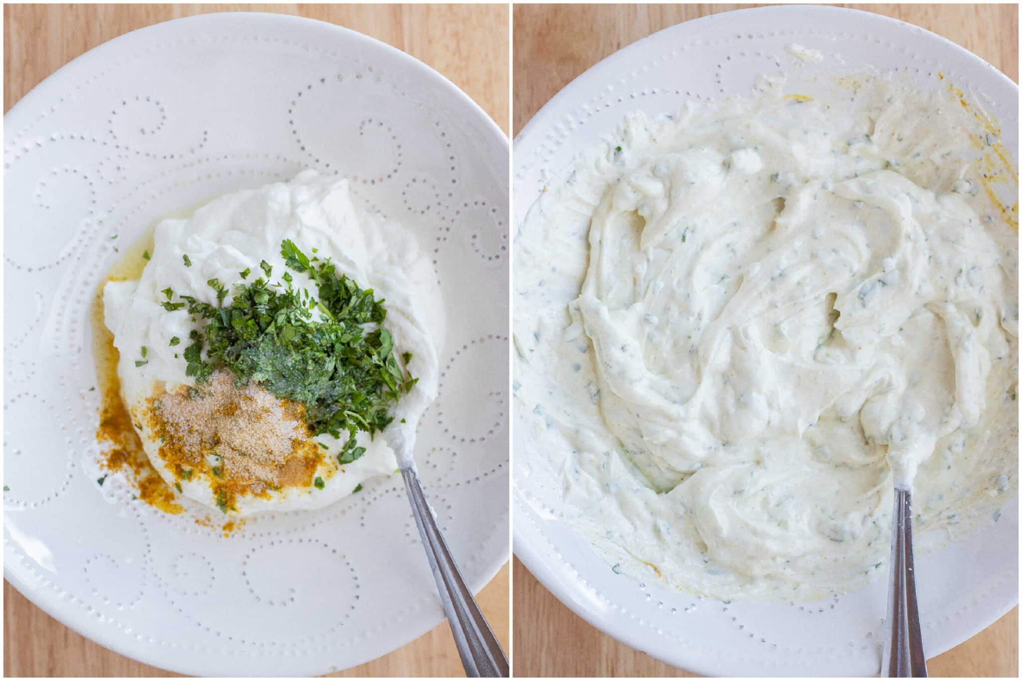 showing how to make the yogurt sauce with curry powder and fresh cilantro