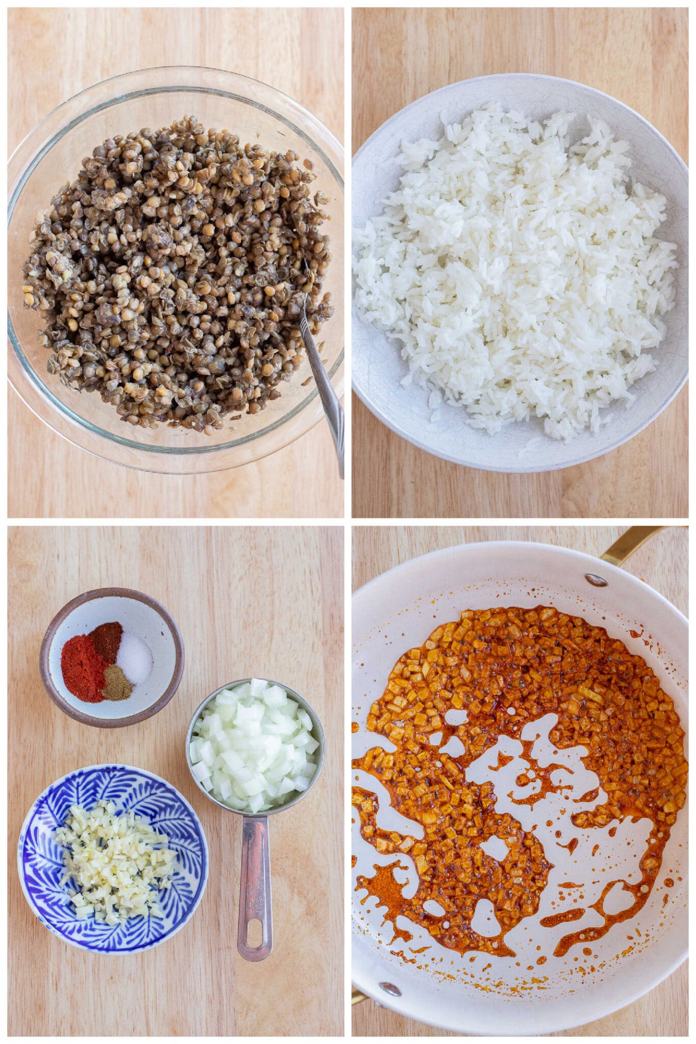 showing the ingredients needed for this rice and lentil stir fry recipe