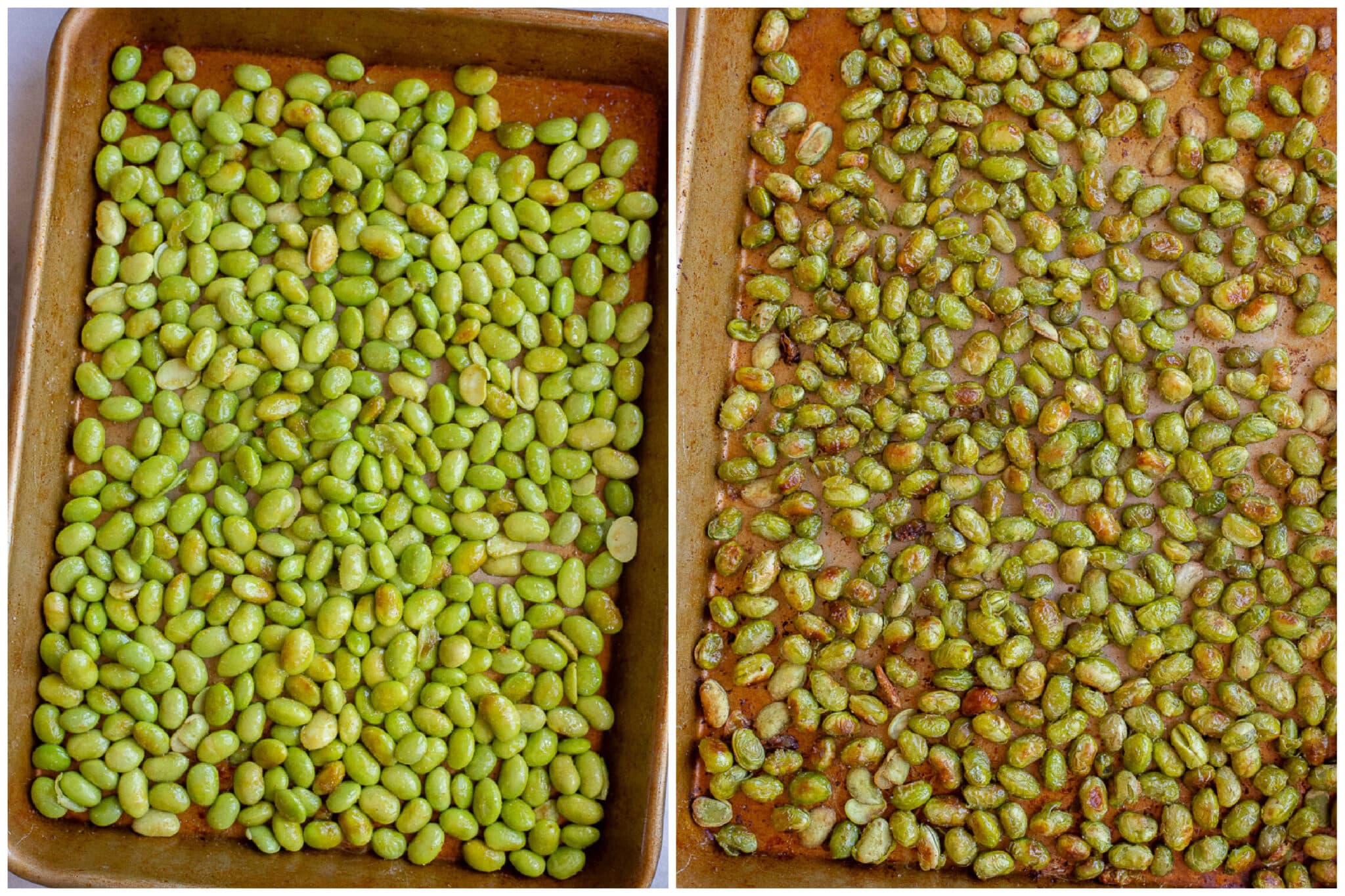 crispy edamame before and after it has been roasted