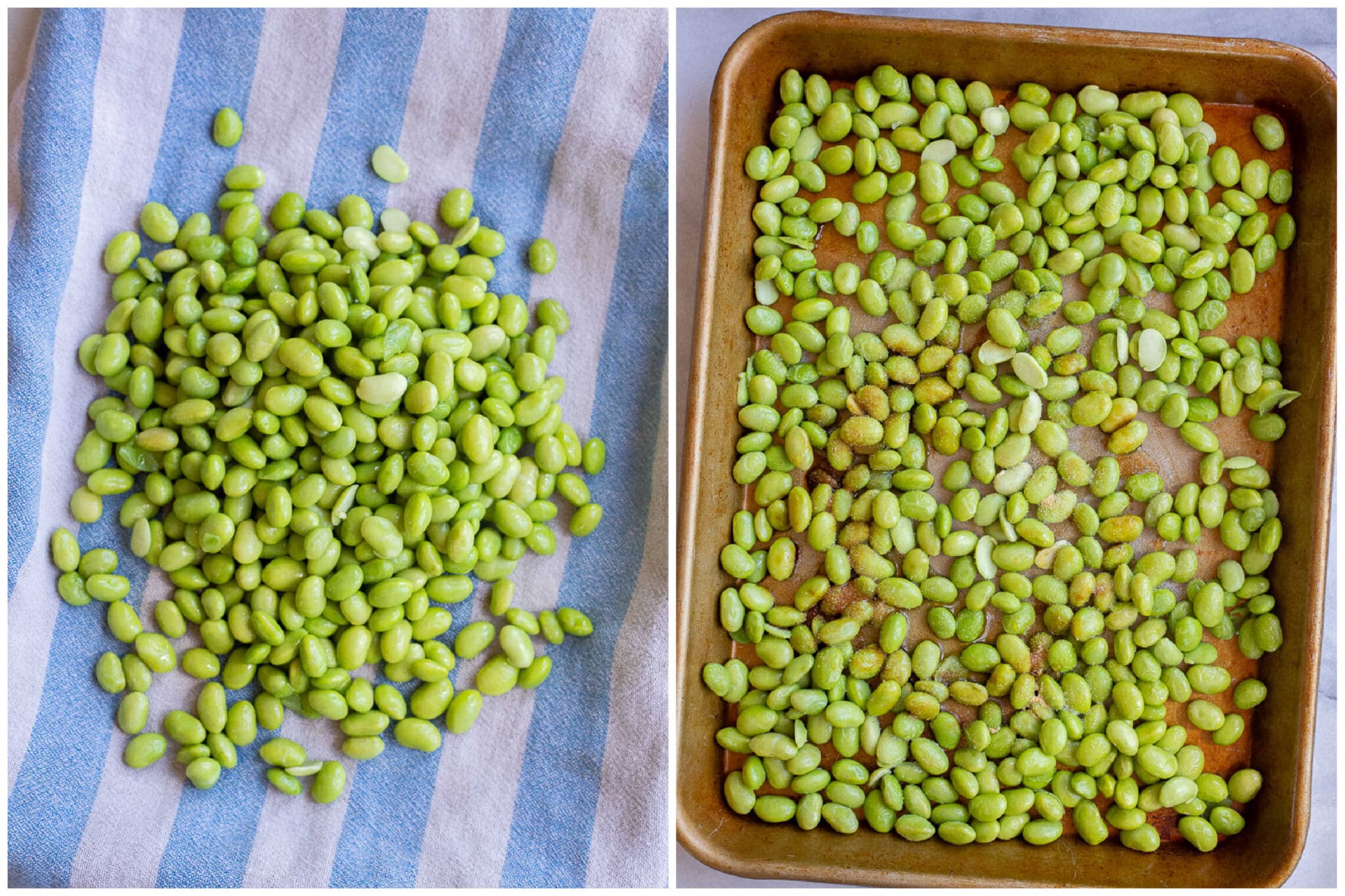 showing how to dry the edamame and add all the seasonings on
