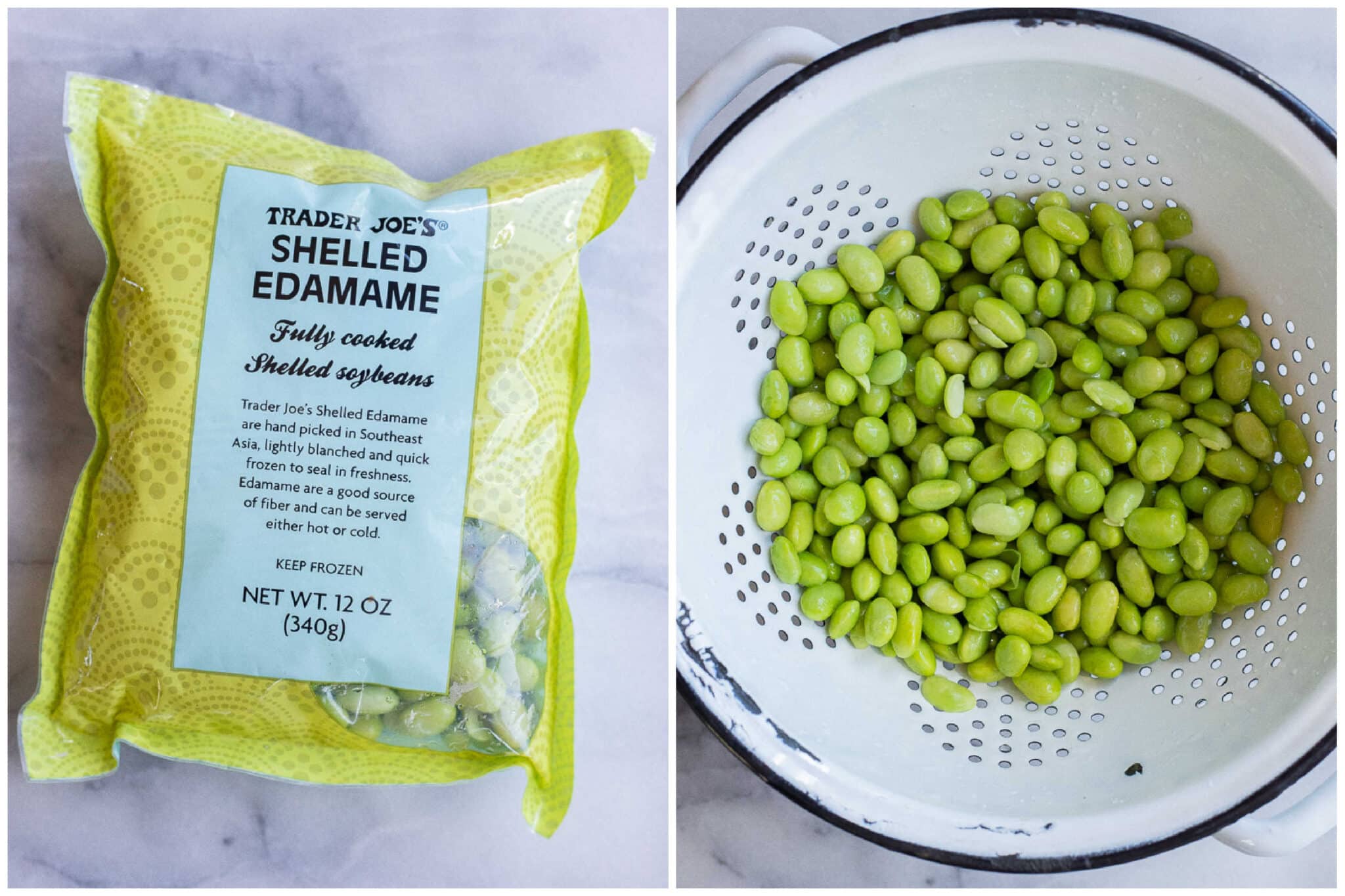 Shelled edamame in a collander