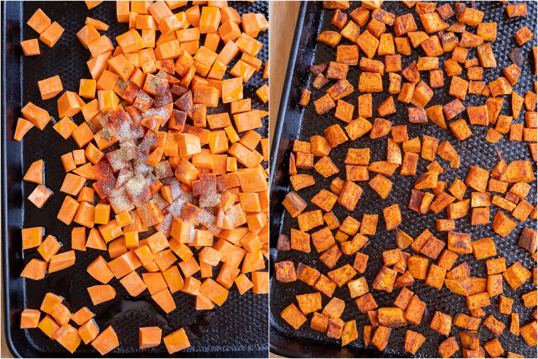 showing how to make roasted sweet potato cubes
