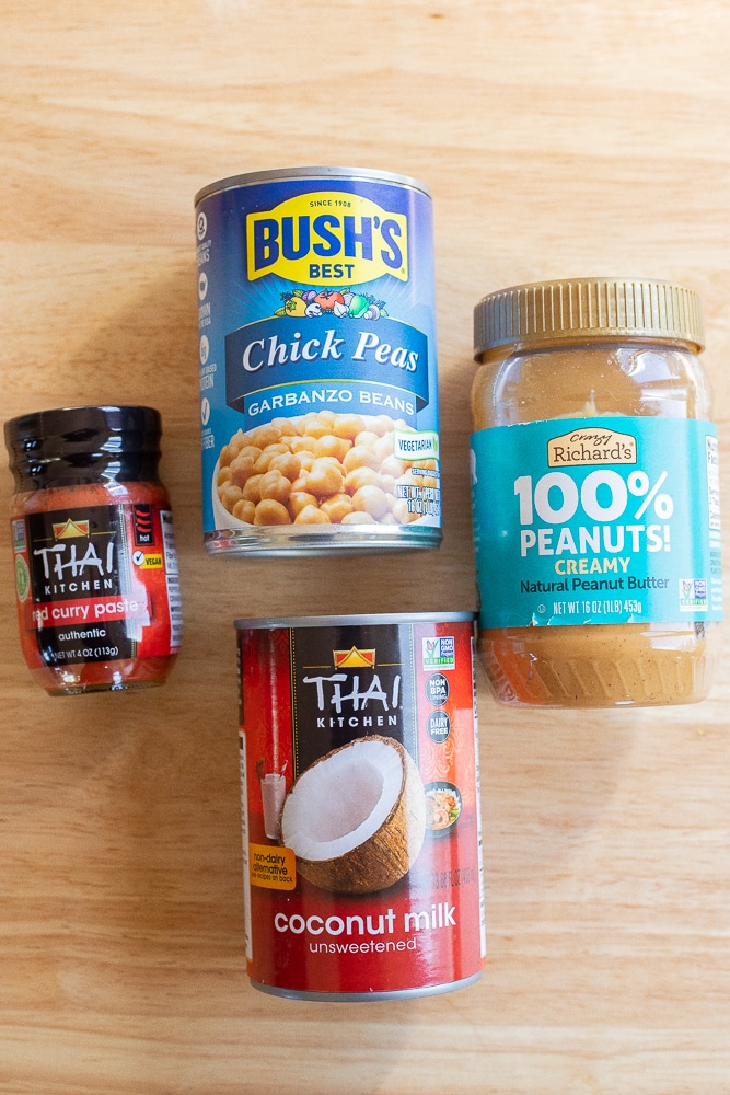 showing all the ingredients needed to make this 4 ingredient red curry chickpeas