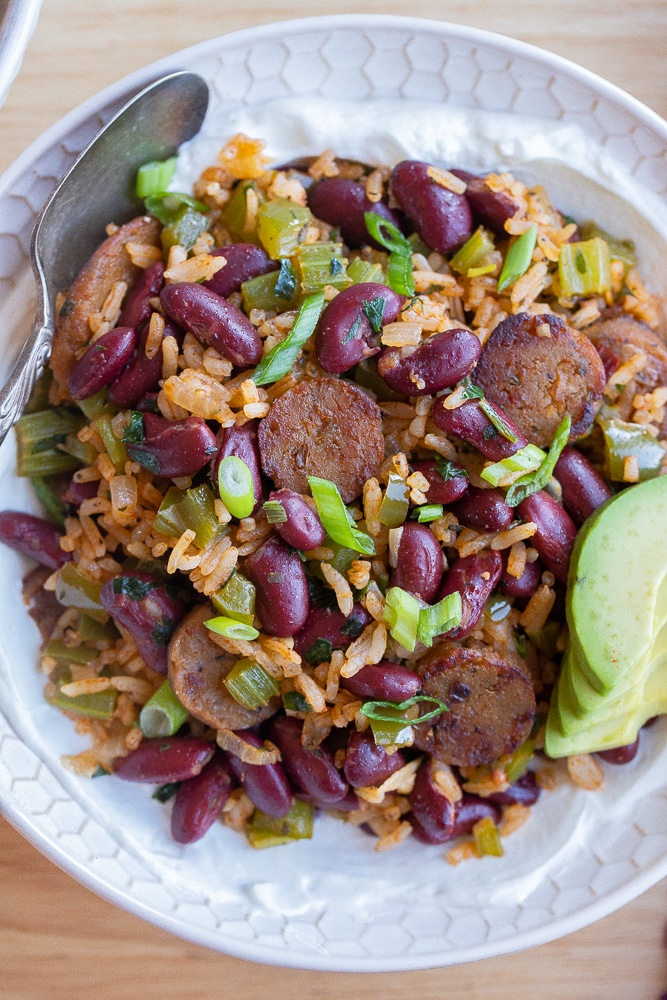 close up of a bowl with red beans and rice with greek yogurt