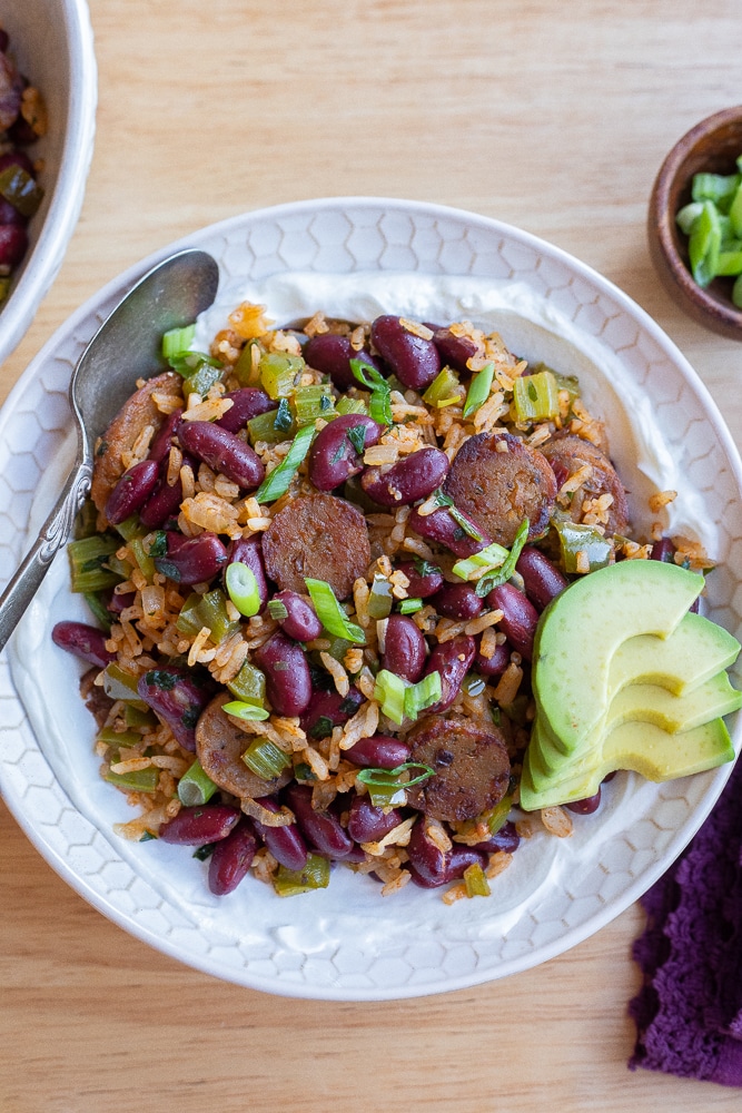 Skillet Vegetarian Sausage with Crimson Beans and Rice