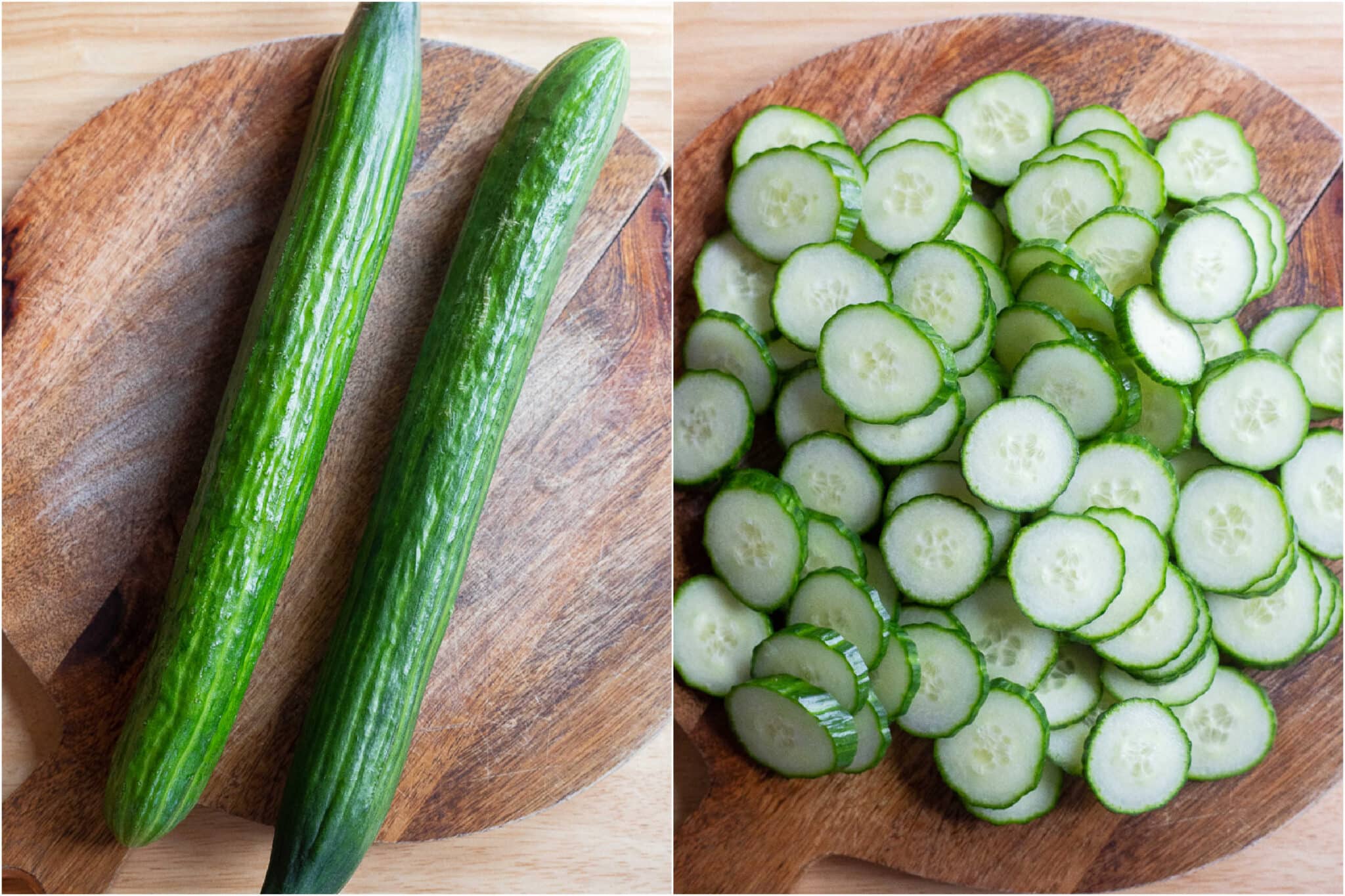 English cucumbers that have been sliced into thin rounds on a cutting board