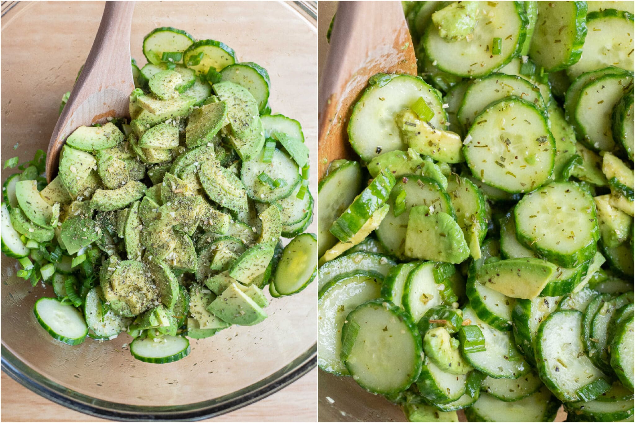 avocado cucumber salad before and after it has been mixed up in a bowl