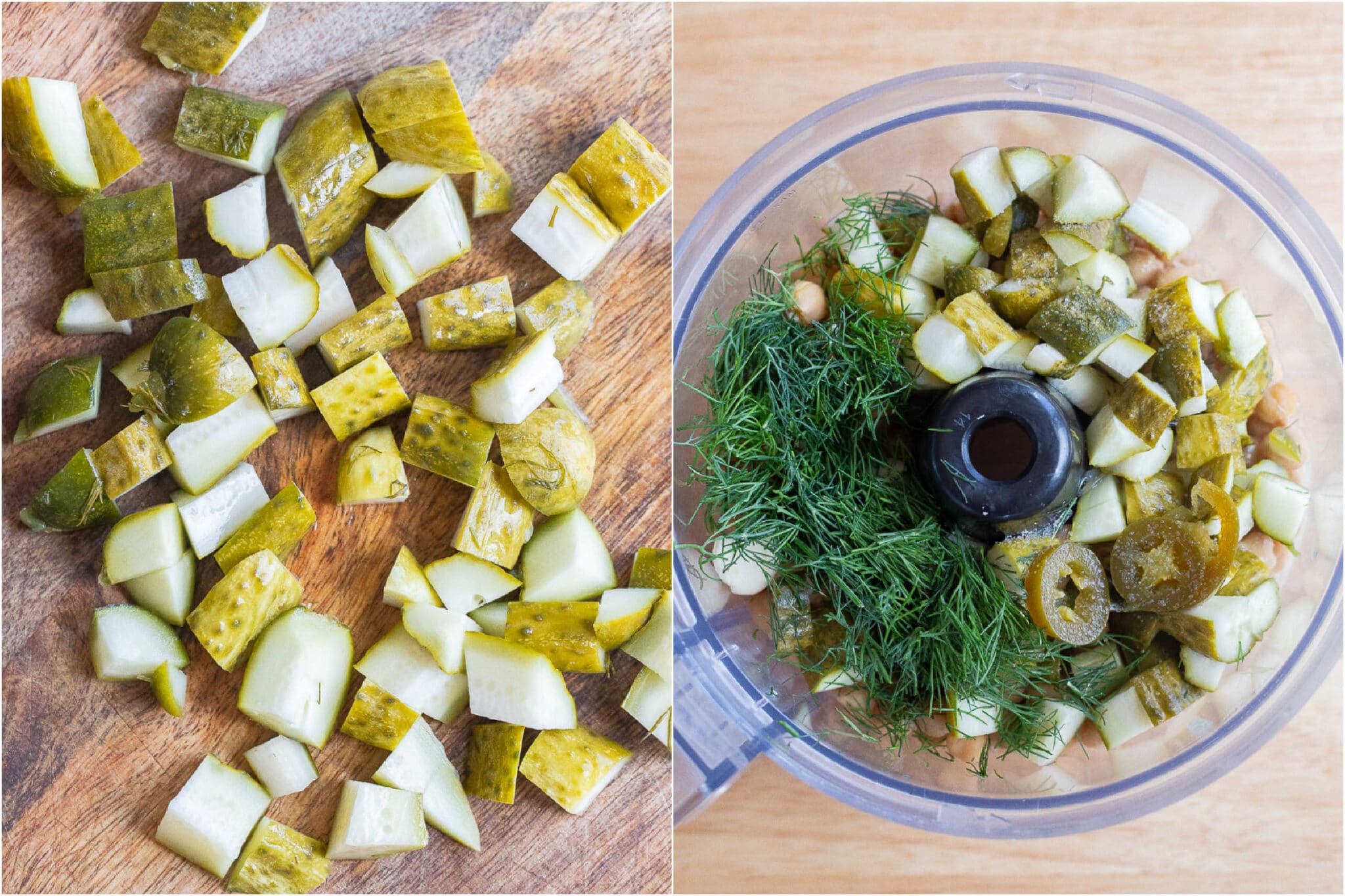pickles chopped up on a cutting board and a food processor full of the dill pickle hummus ingredients