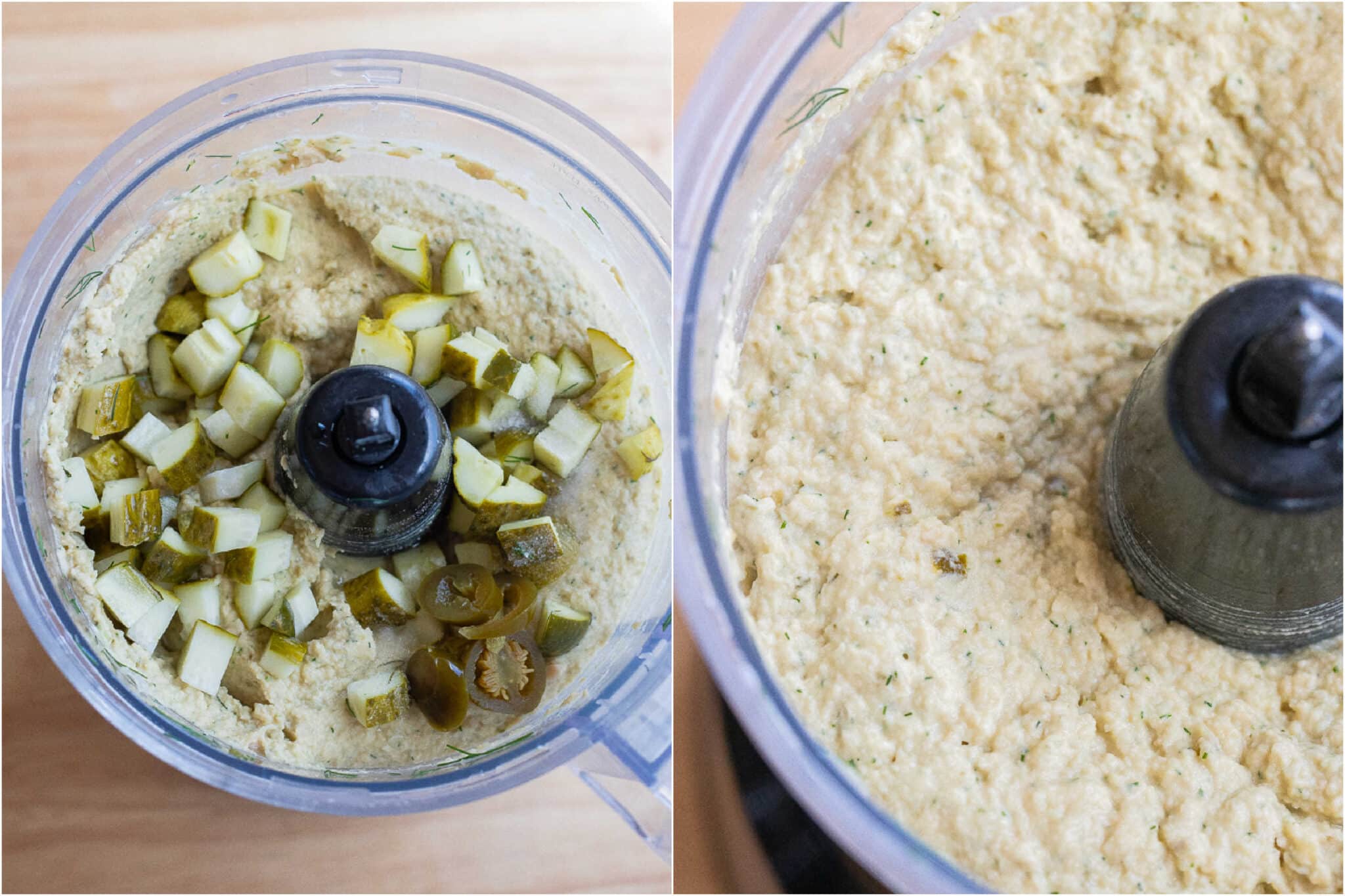 dill pickle hummus whipped up on a food processor with extra dill pickles added