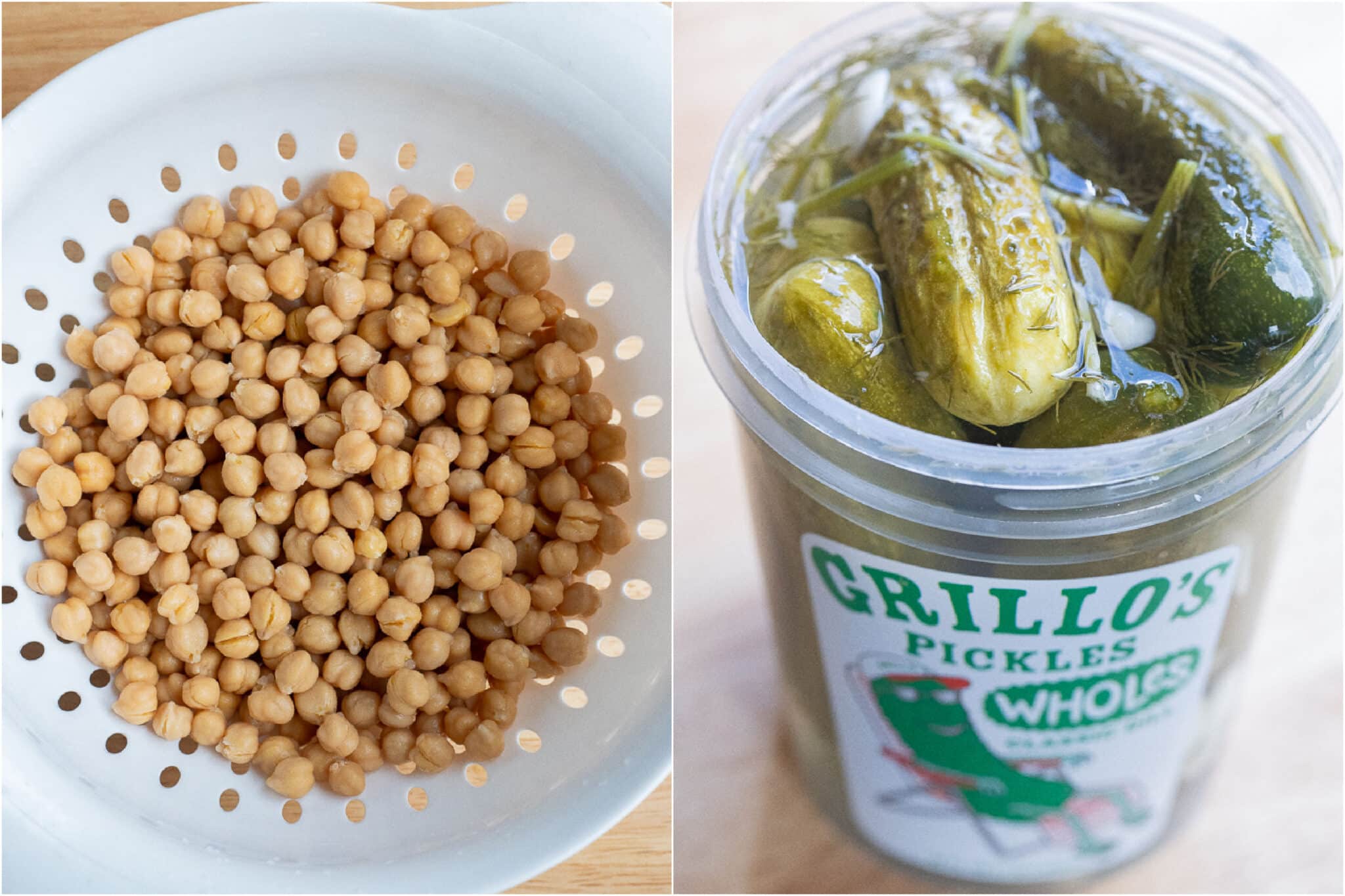 chickpeas in a colander and dill pickles in a container