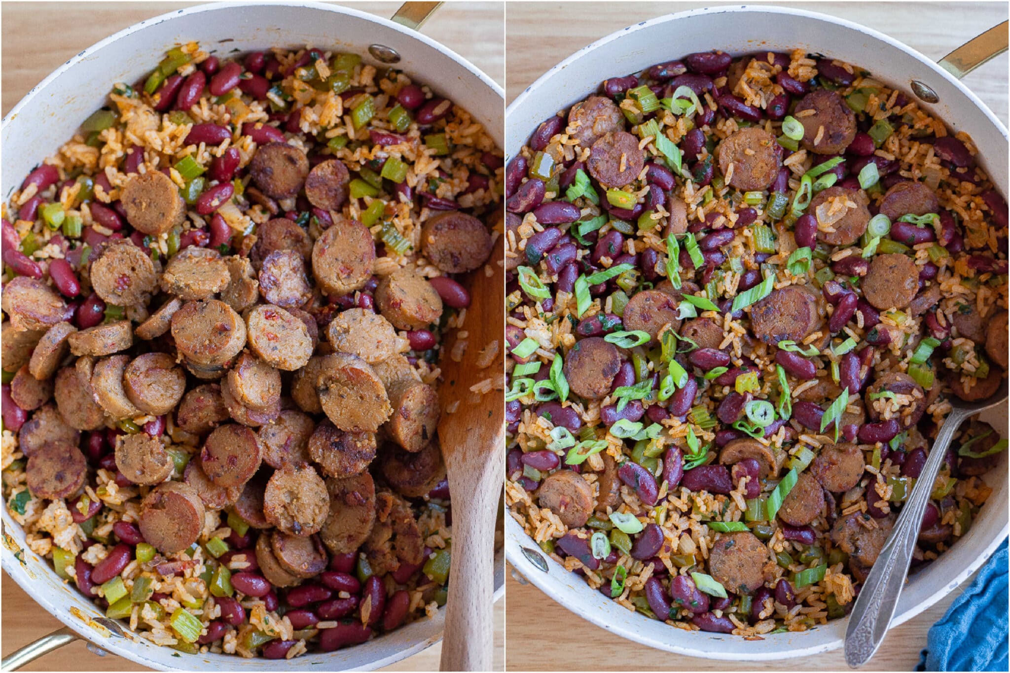 vegetarian sausage with red beans and rice in a skillet topped with sliced green onion