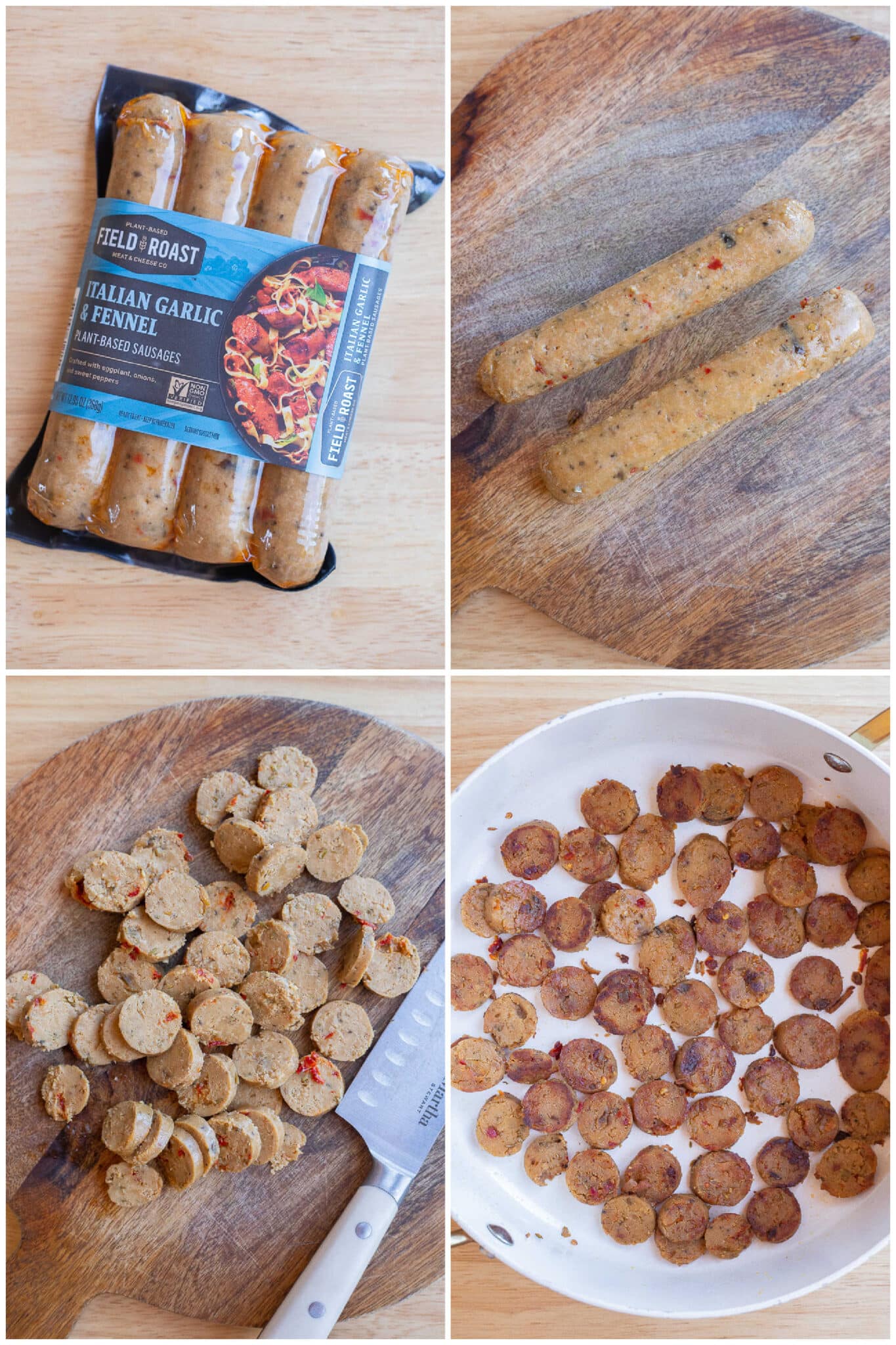 vegetarian sausages sliced and cooked in a pan