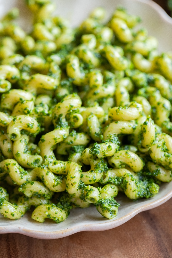 kale pesto pasta on a plate