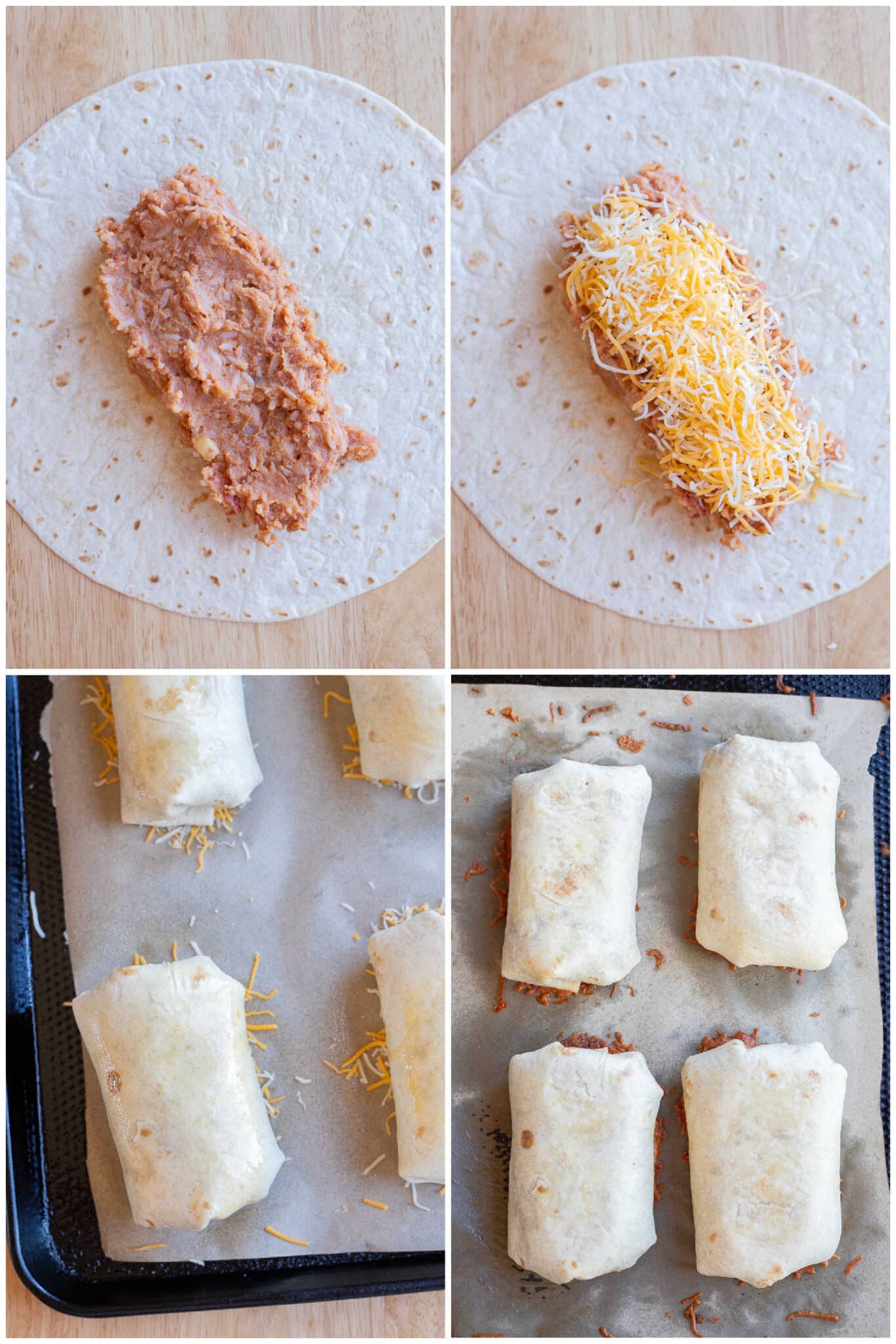 showing how to make cheese bean and rice burritos in the oven