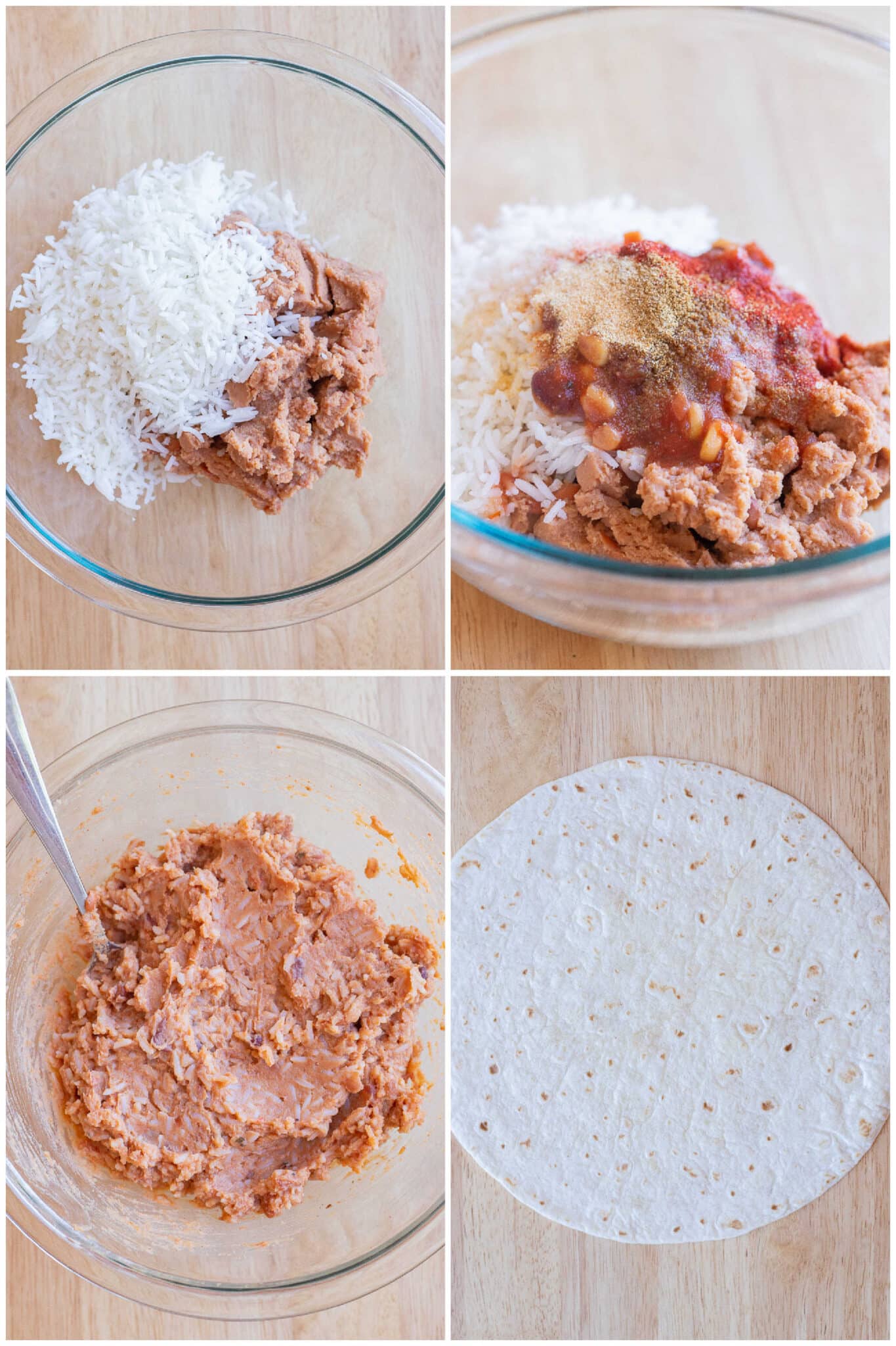 showing how to make vegetarian rice and bean burritos