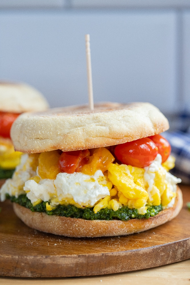 Tomato Goat Cheese Breakfast Sandwiches with Kale Pesto