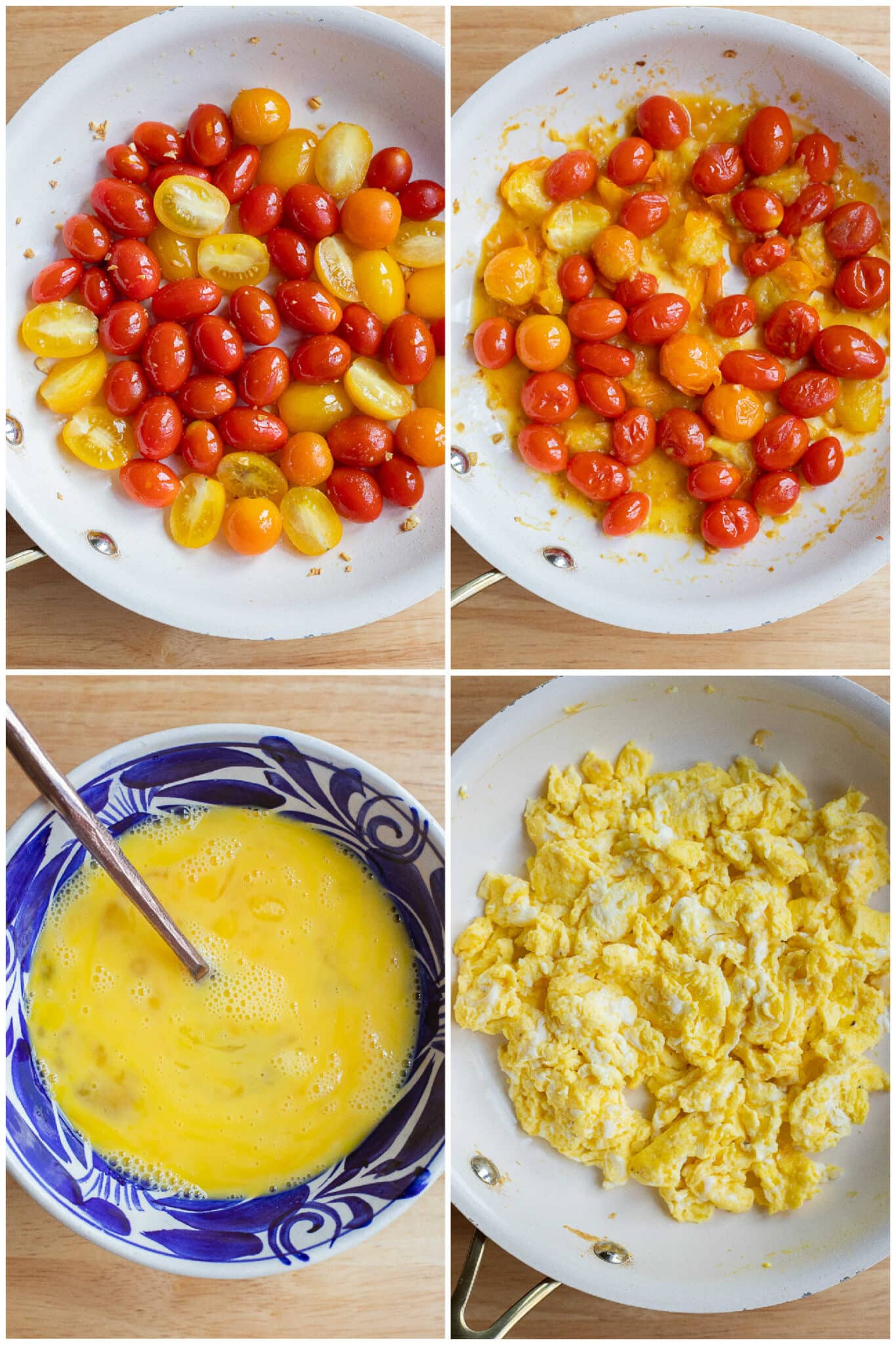 cherry tomatoes and scrambled eggs before and after they've been cooked