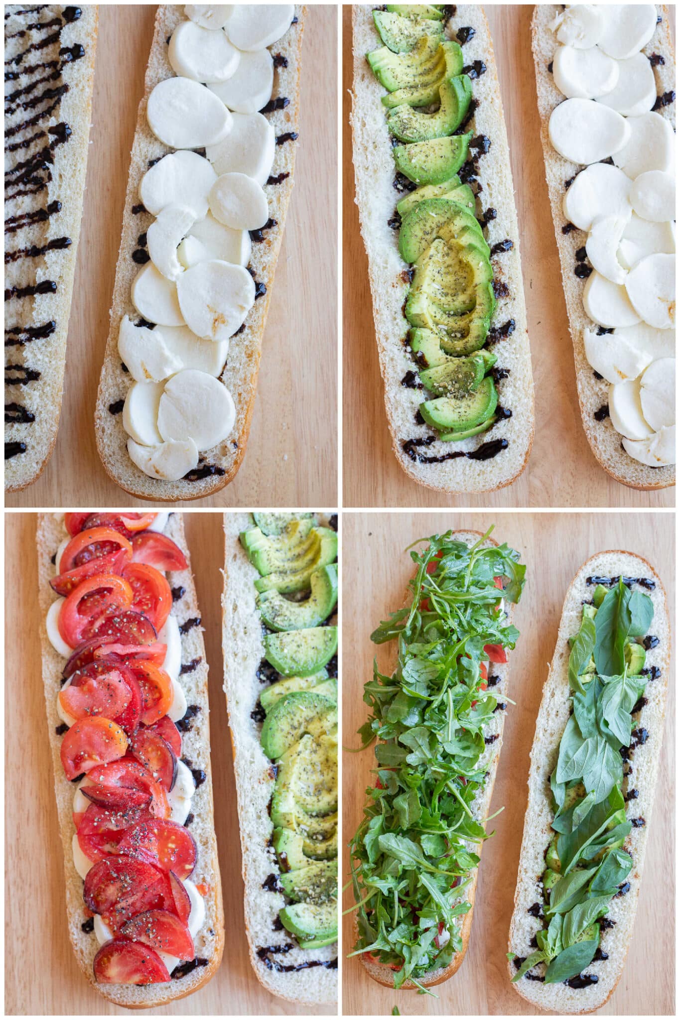 showing how to assemble these avocado caprese sandwiches