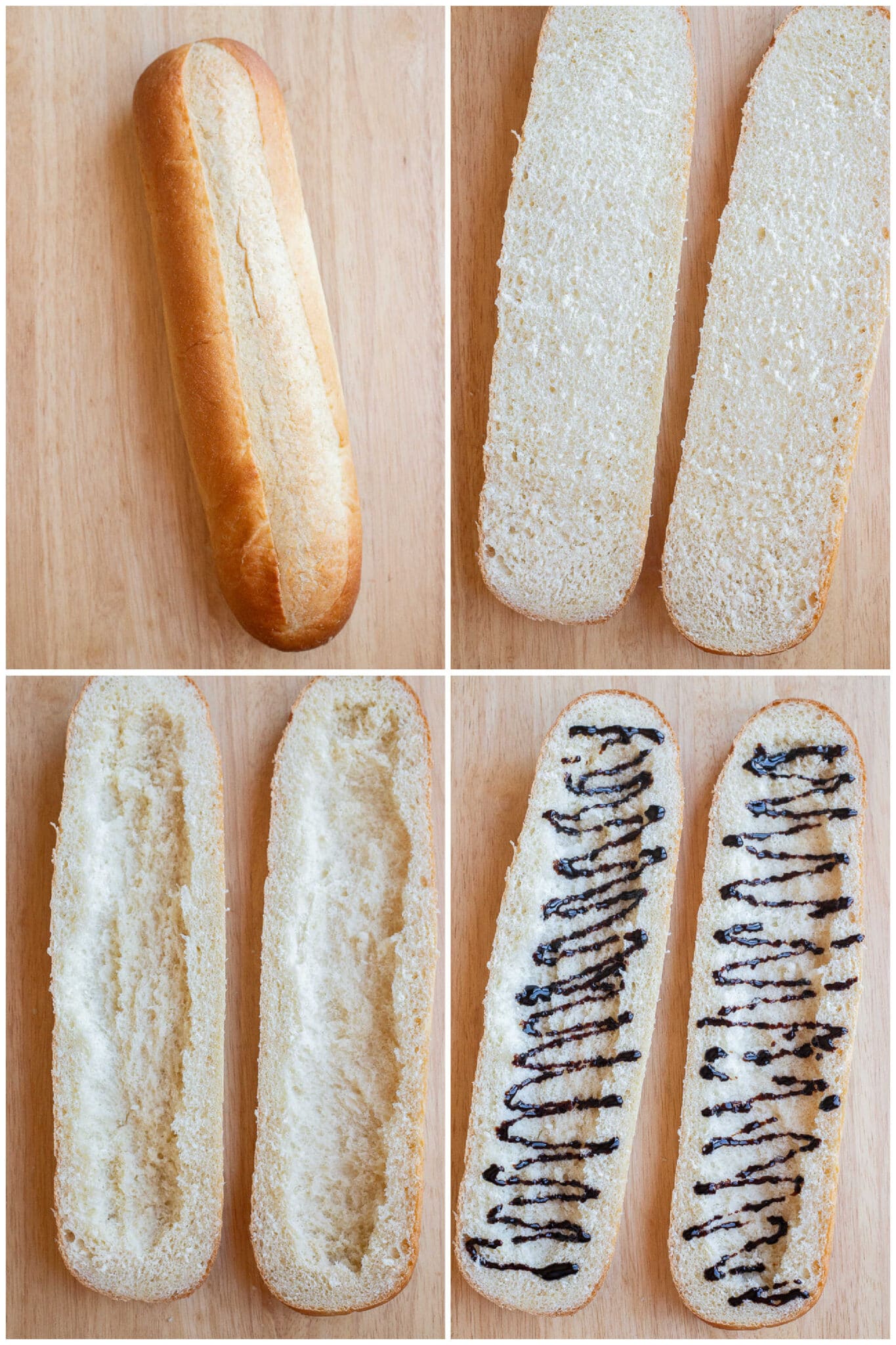 showing how to cut and assemble the french bread with balsamic glaze
