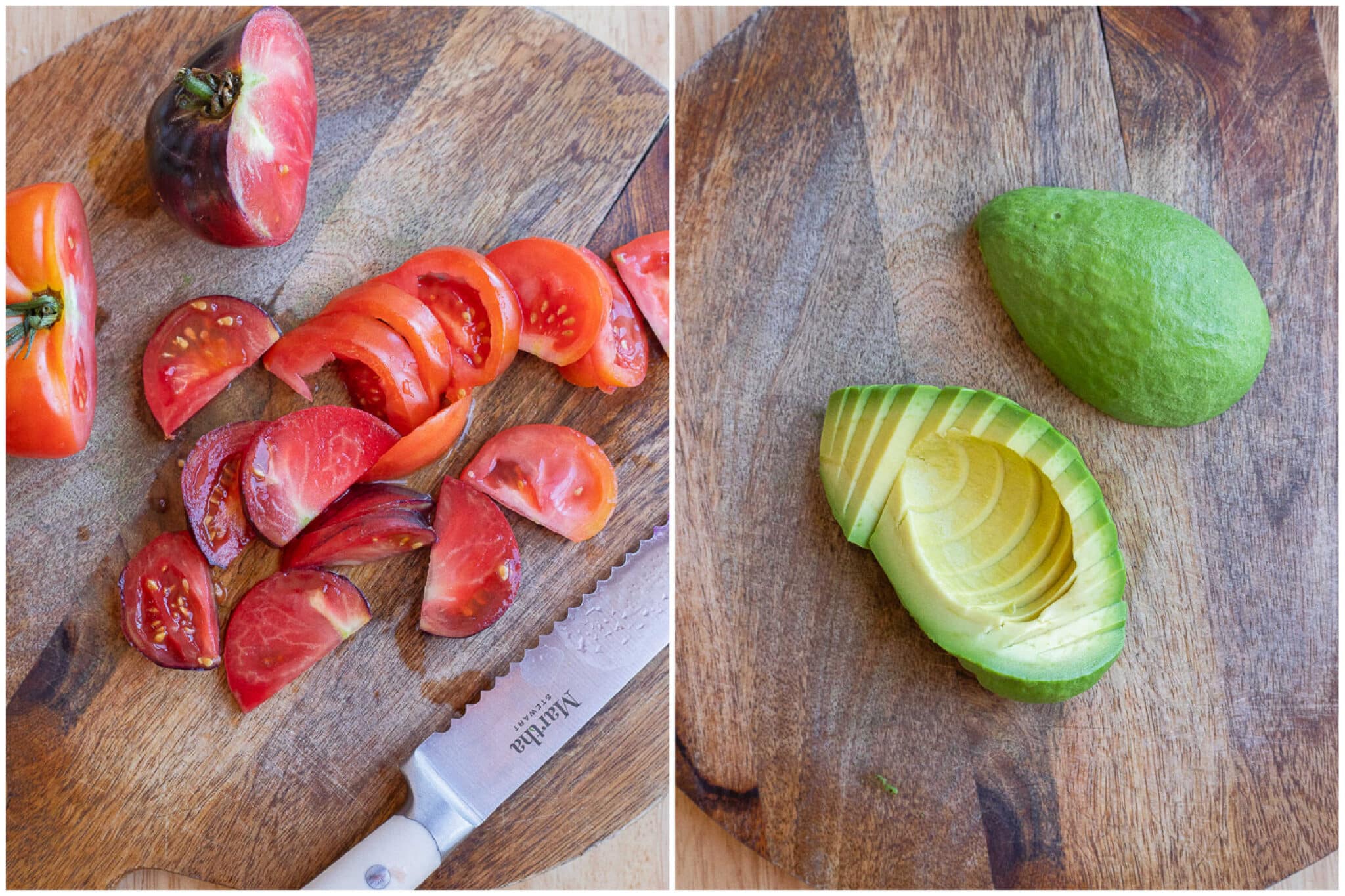 fresh tomato and avocado sliced up on a cutting board