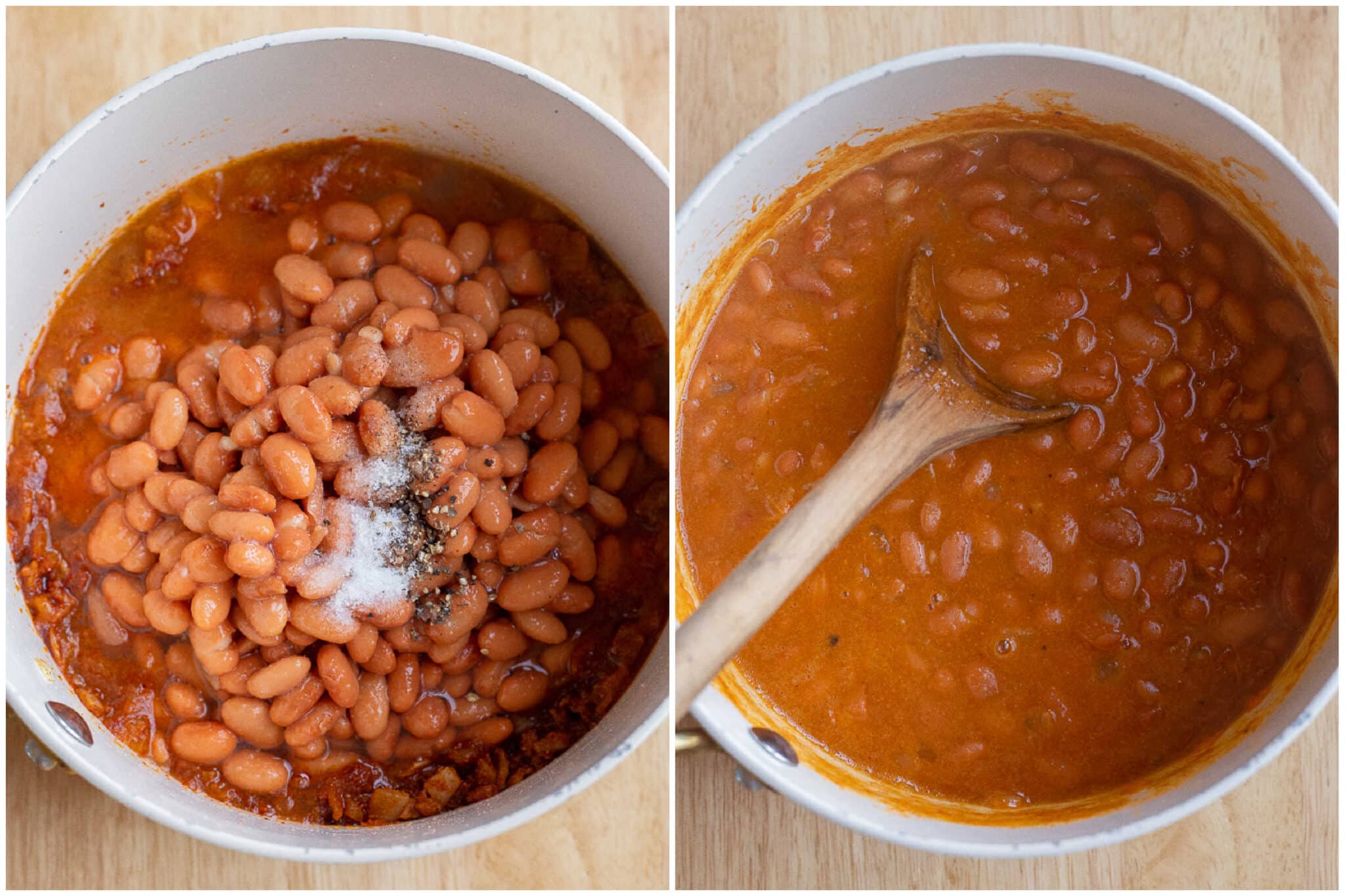 showing how to make seasoned pinto beans in a saucepan