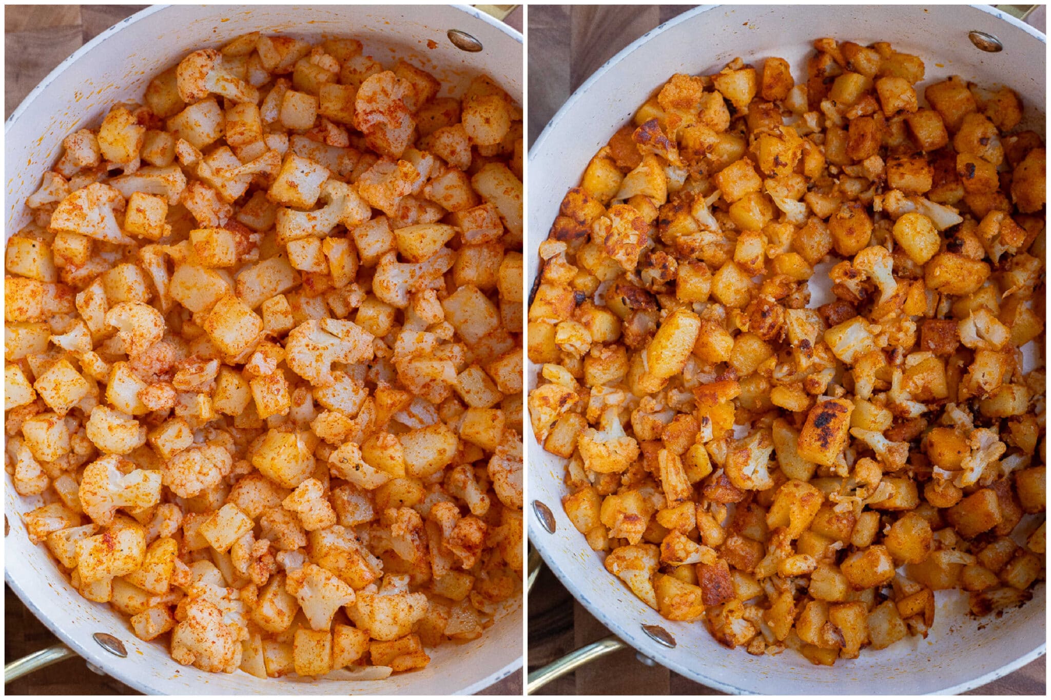 cauliflower and potatoes seasoned in a skillet