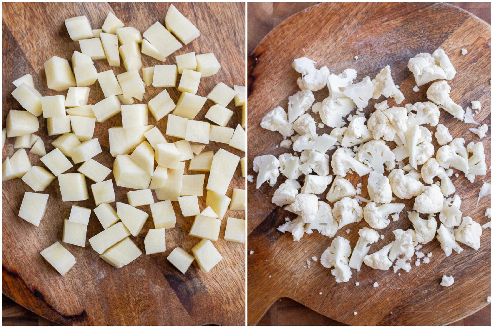 Diced potato and cauliflower on a cutting board