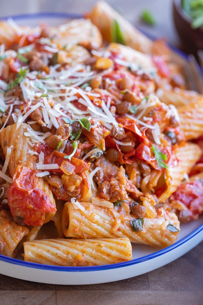 close up of a plate of tomato lentil pasta.