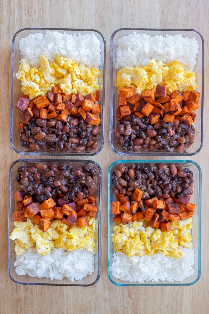 Savory vegetarian breakfast bowls in meal prep containers