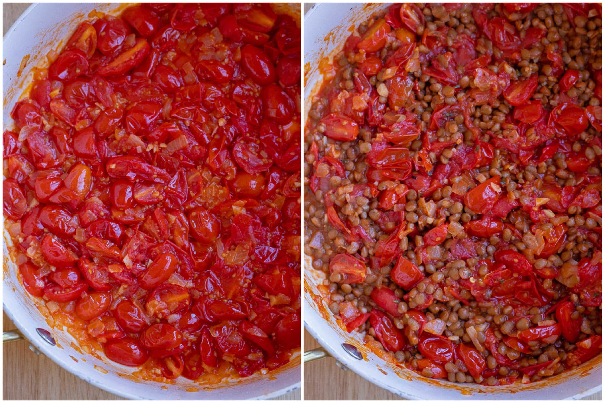 cooked down tomatoes with brown lentils and balsamic vinegar.