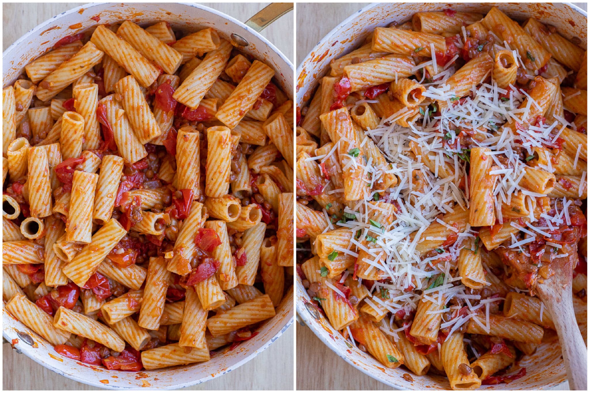 Balsamic lentil pasta before and after parmesan cheese has been mixed in.