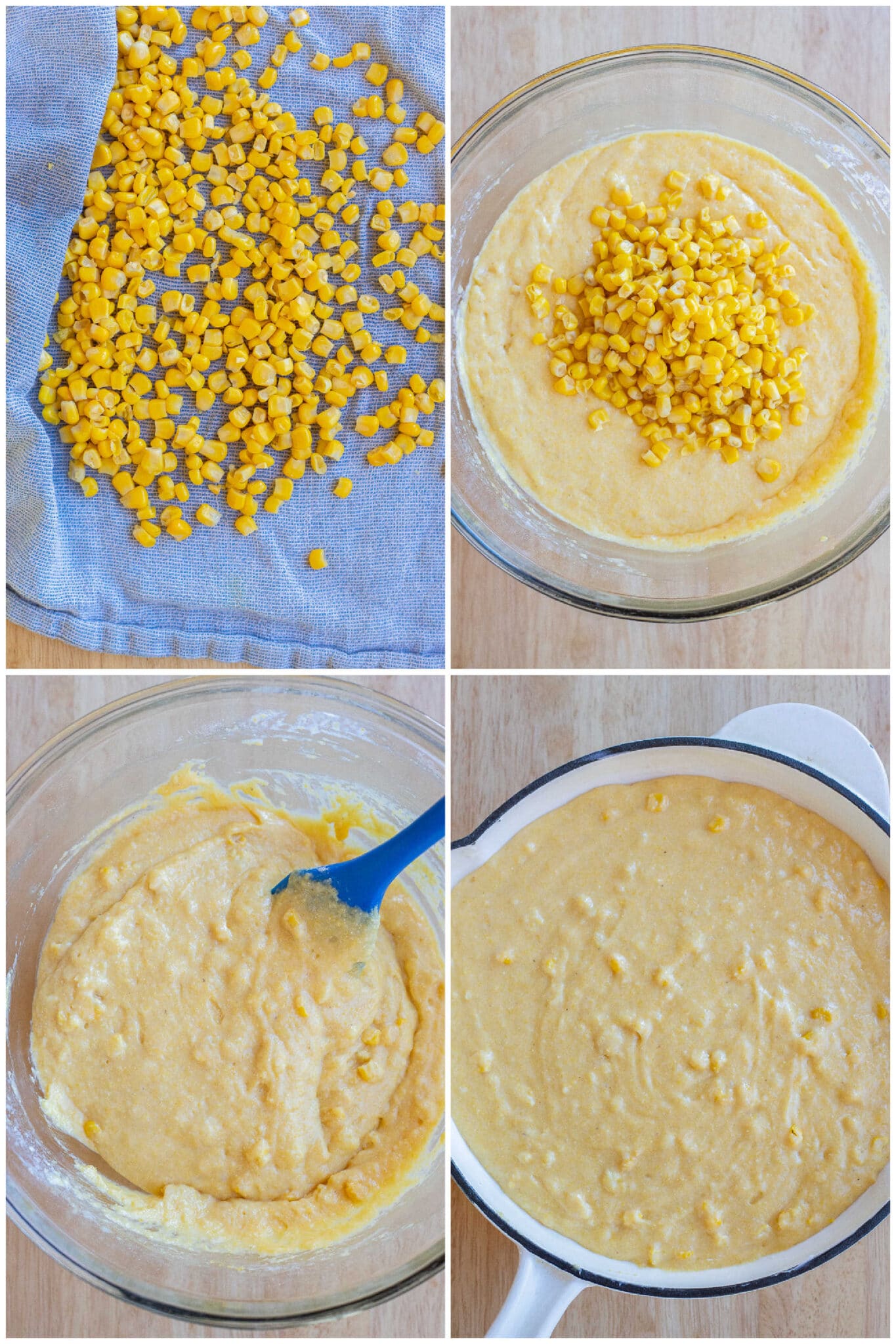 showing how to prepare the cornbread batter and add it into the baking pan
