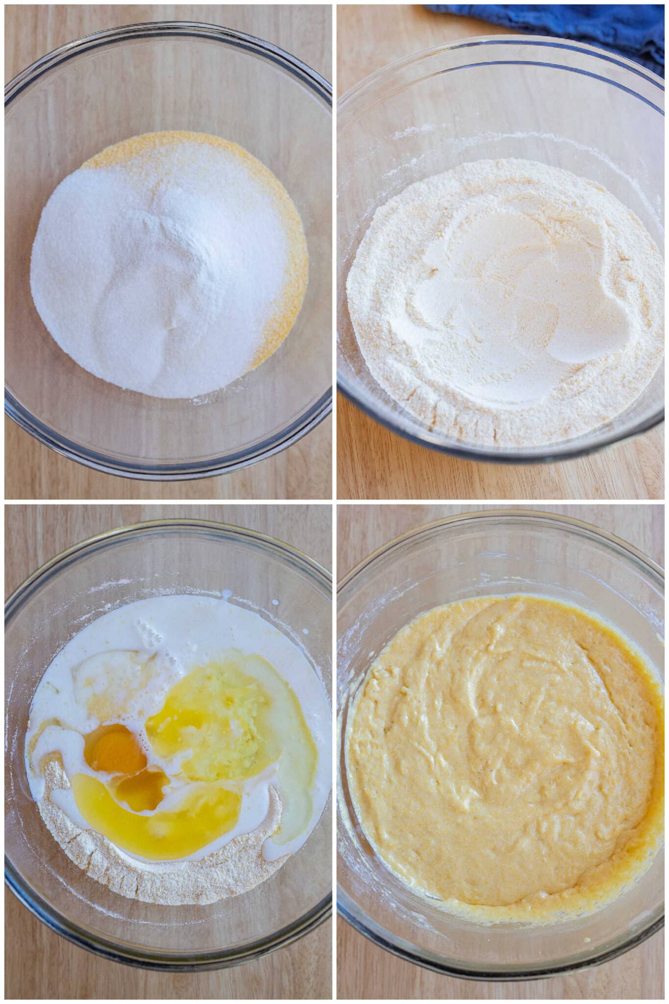 showing how to mix up the cornbread recipe ingredients in a large bowl