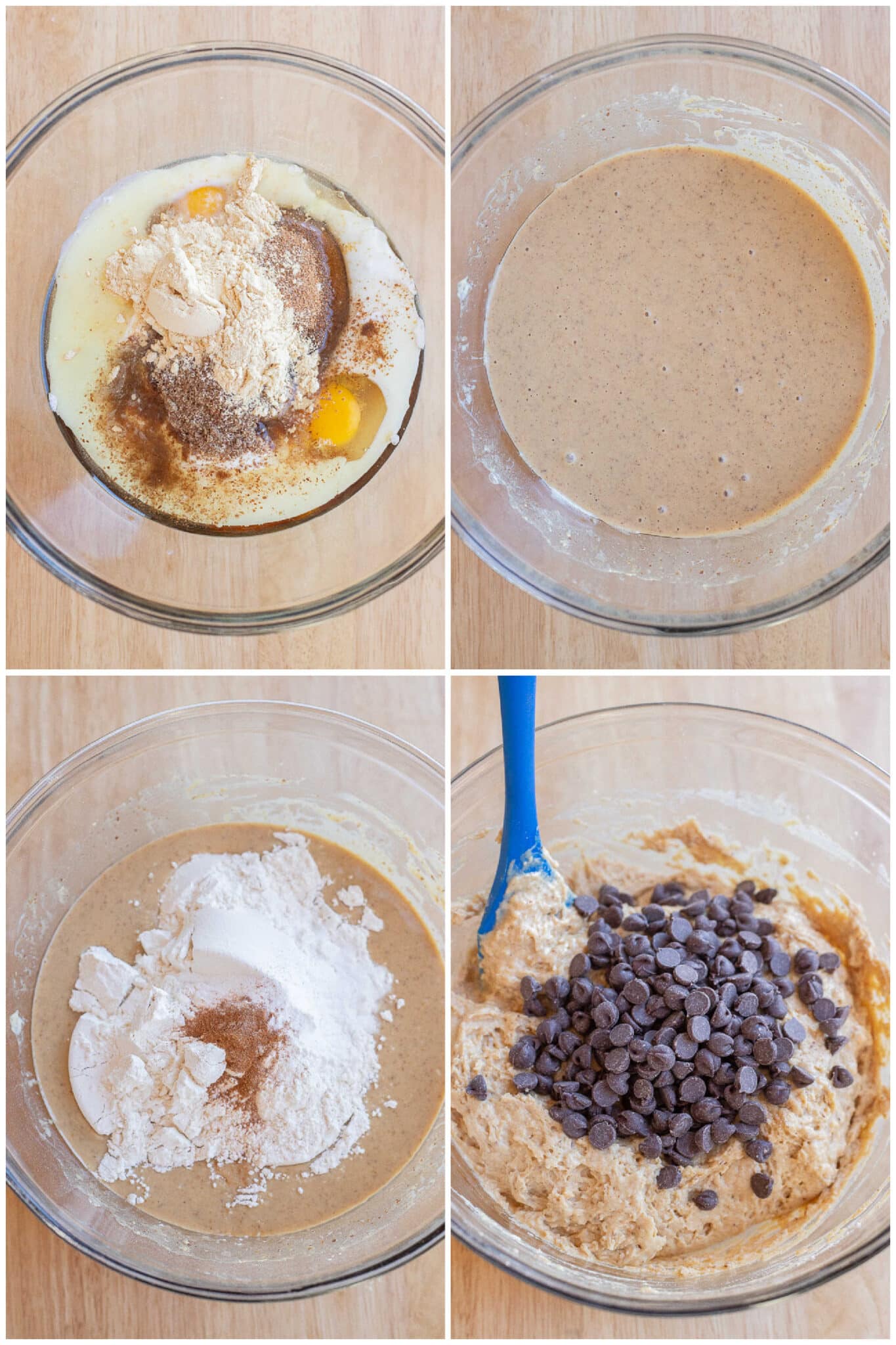 showing how to make healthier chocolate chip muffins with protein powder and flax seed