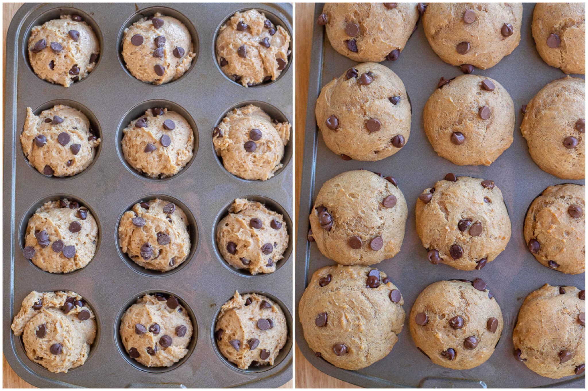 chocolate chip muffins before and after being baked