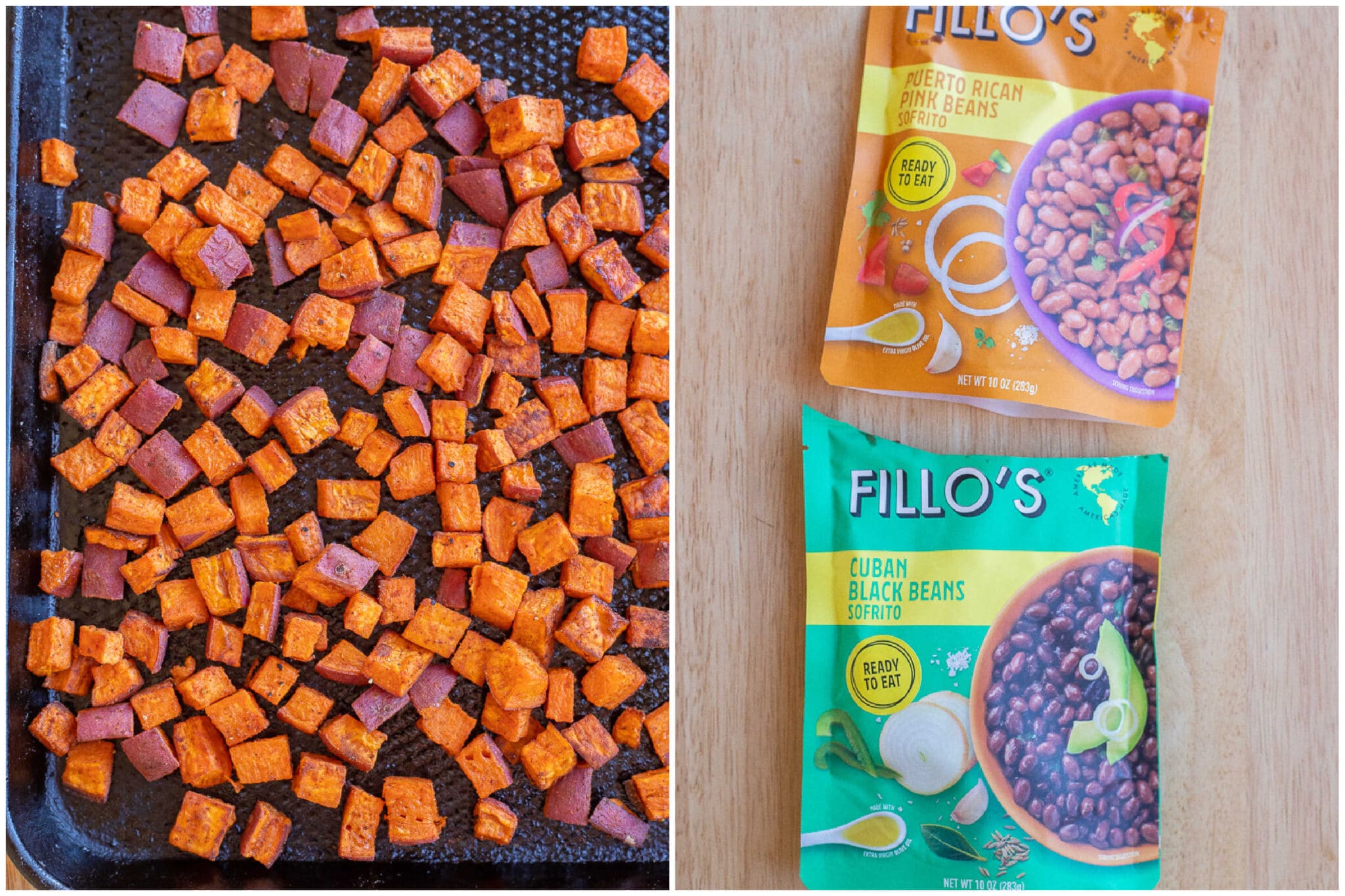 Roasted sweet potatoes and packaged beans