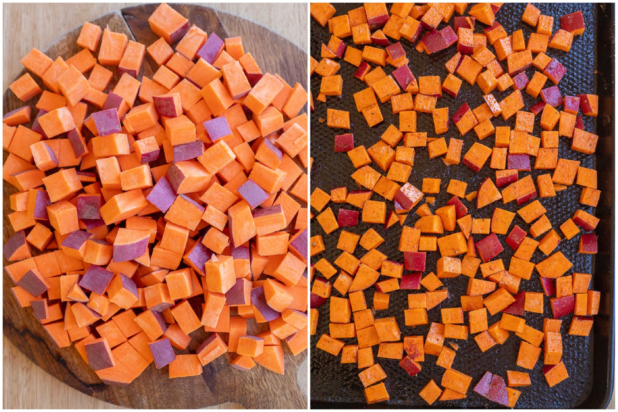 showing how to prepare the sweet potatoes to be roasted