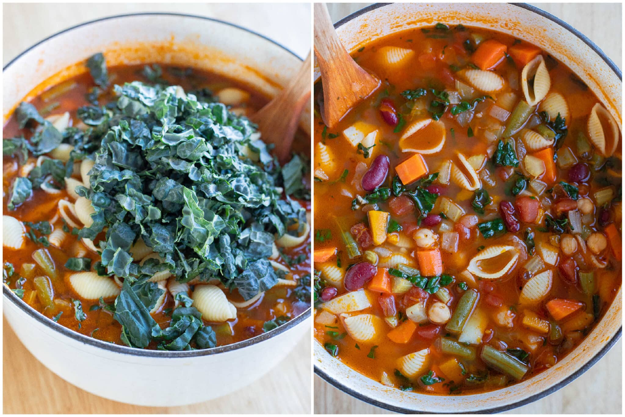 minestrone soup before and after the kale and pasta has been mixed in
