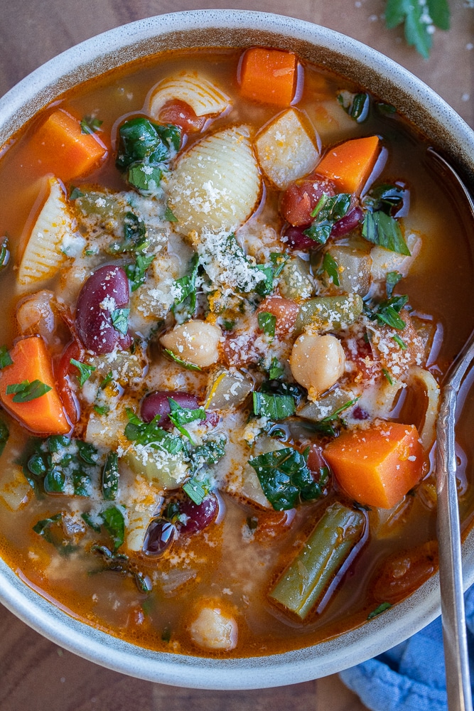 a bowl of veggie packed minestrone soup