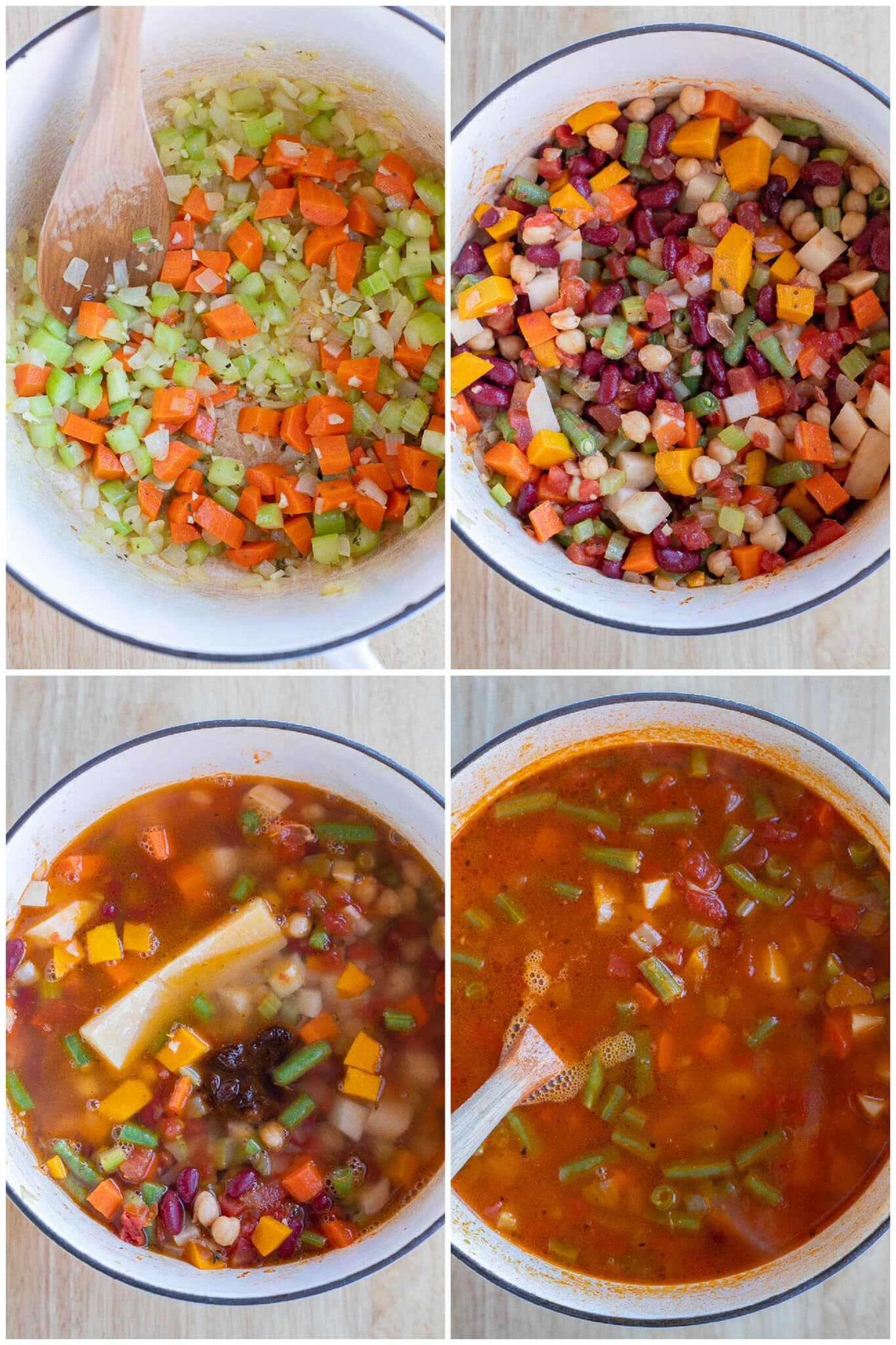 showing how to make minestrone soup using vegetables and beans