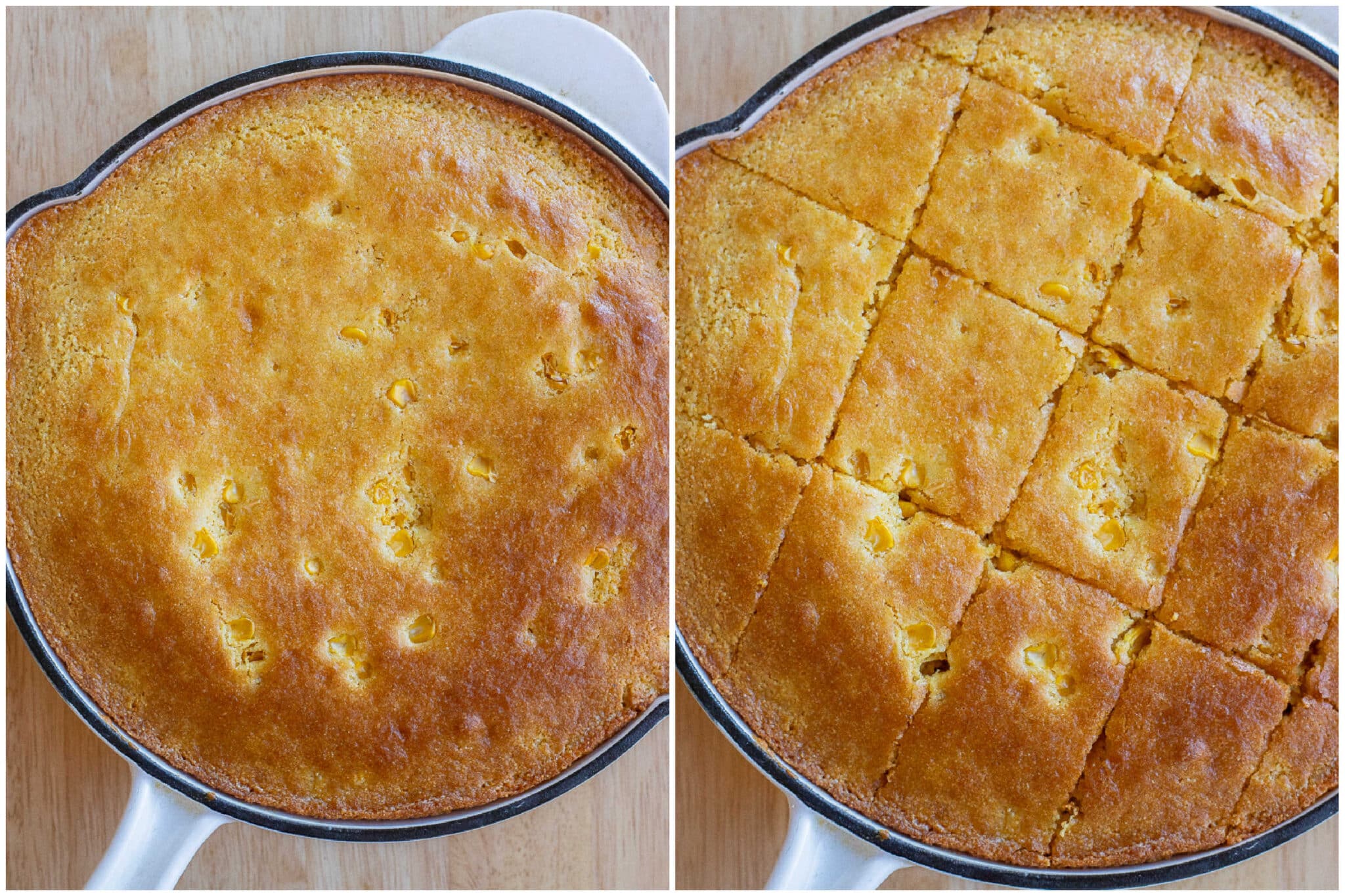 cornbread recipe baked in a pan and then sliced into pieces