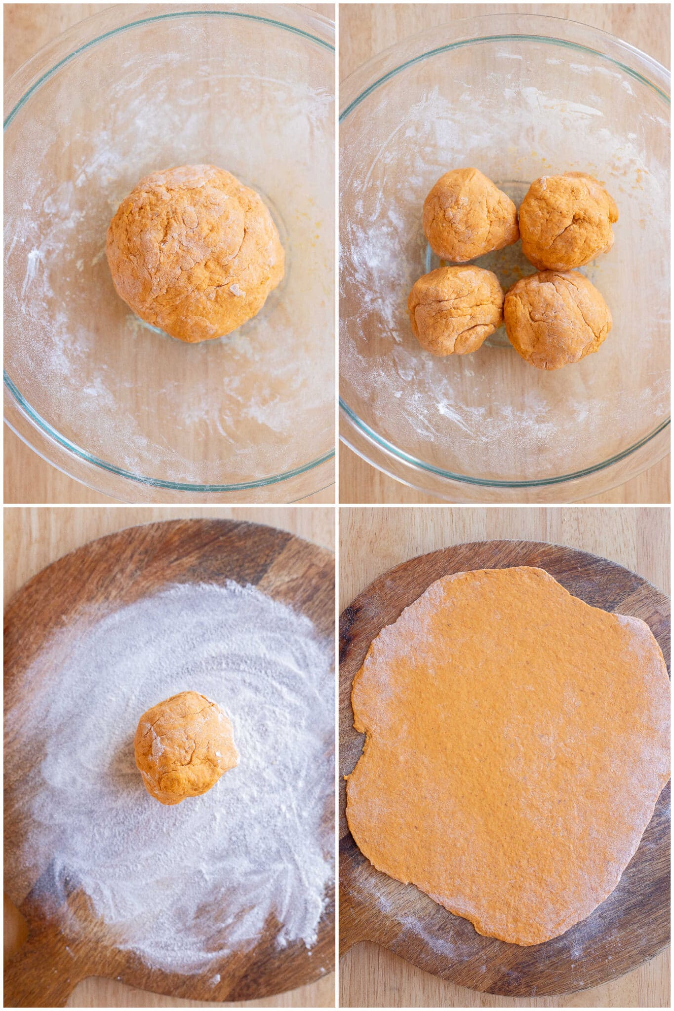showing how to roll out each dough ball to make the pumpkin flatbread