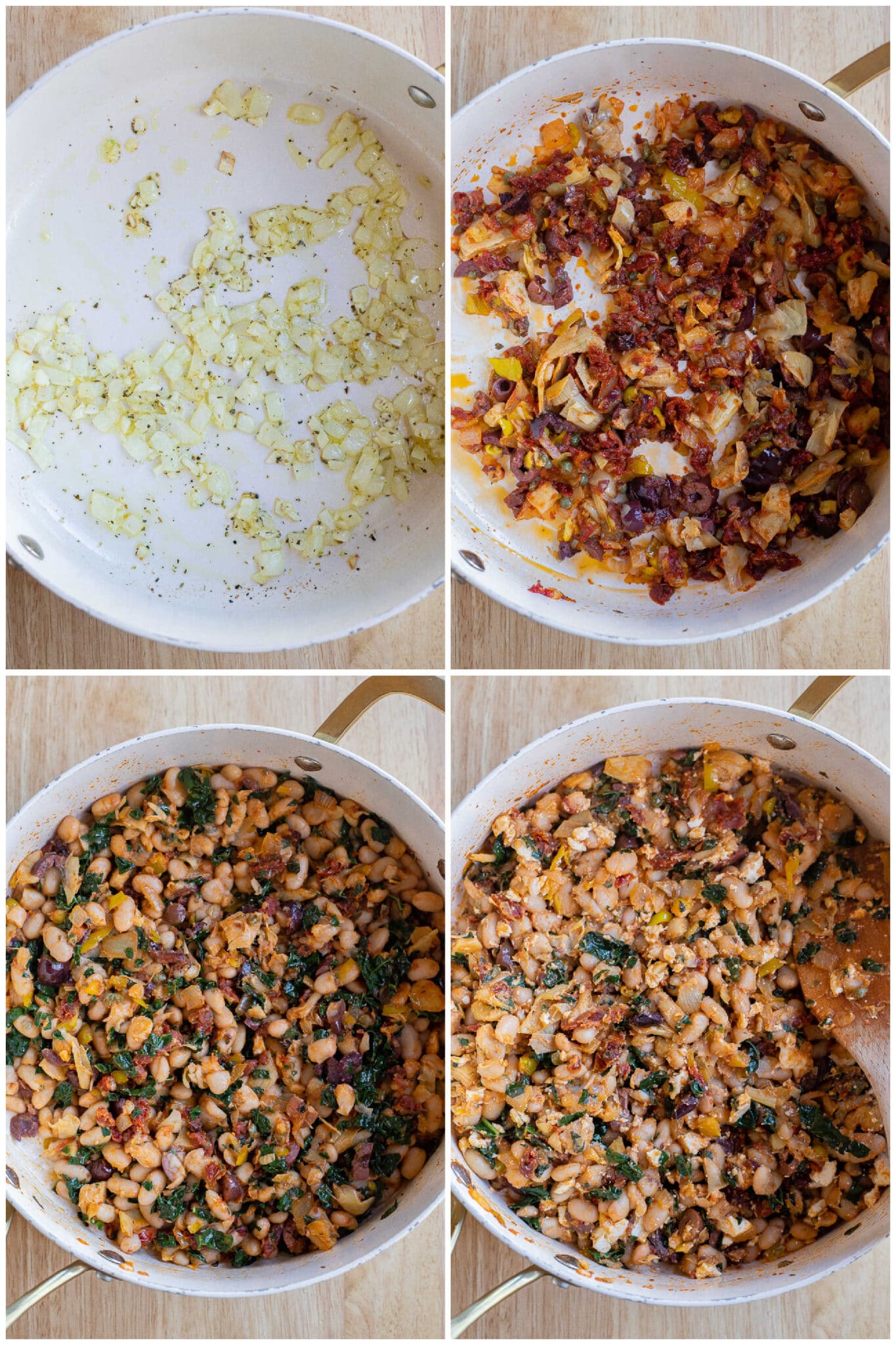 showing how to prepare the Tuscan white bean mixture in a large skillet
